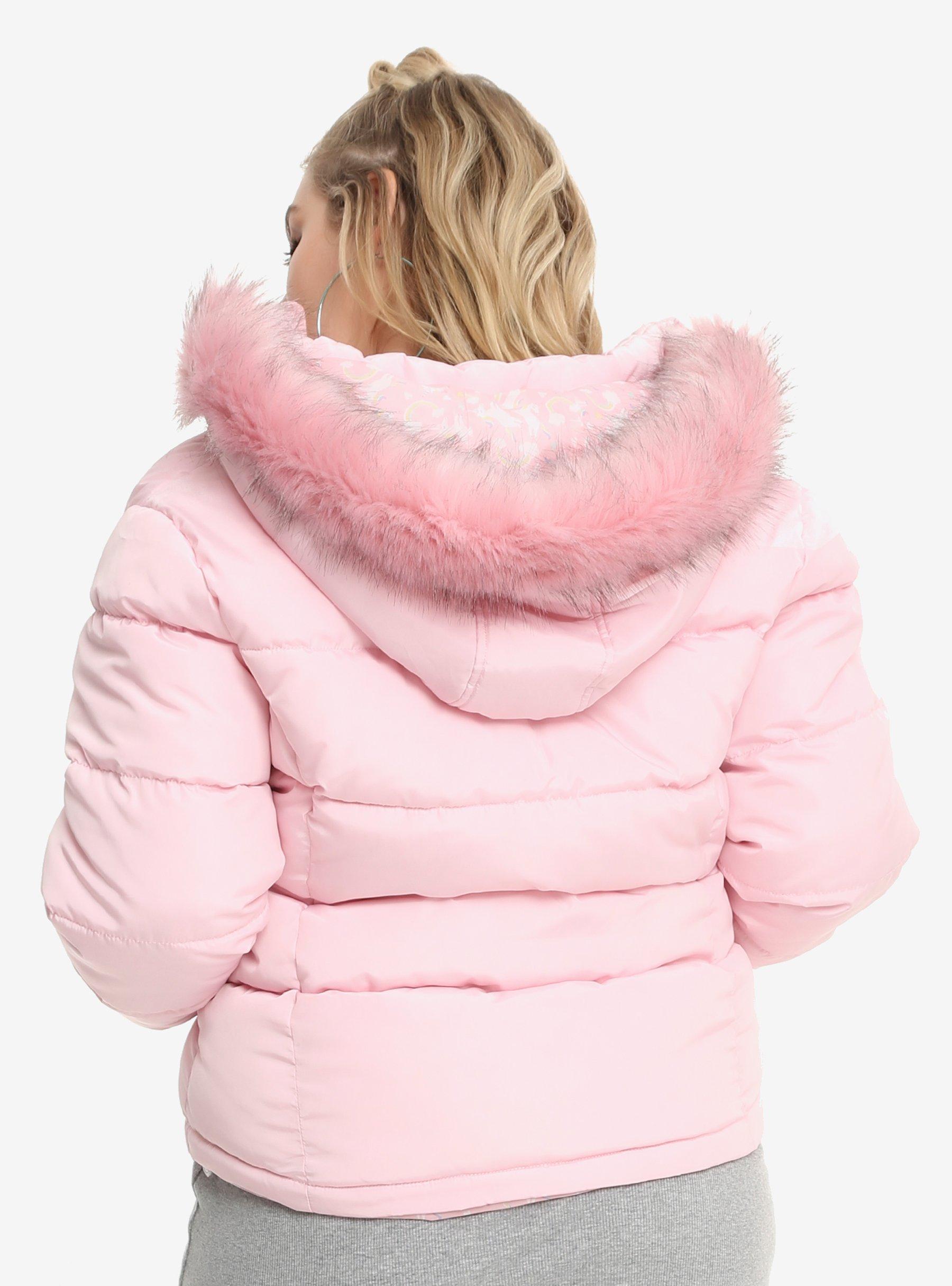 Pink Faux Fur Hood Puffy Girls Jacket Plus Size, , alternate