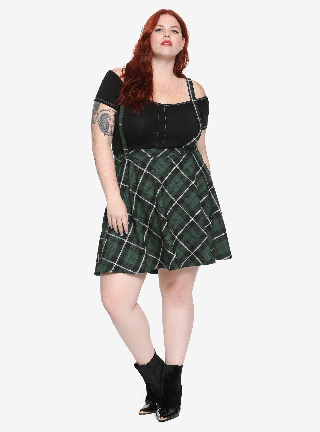 Tripp Green Plaid Suspenders Skirt Plus Size, , alternate