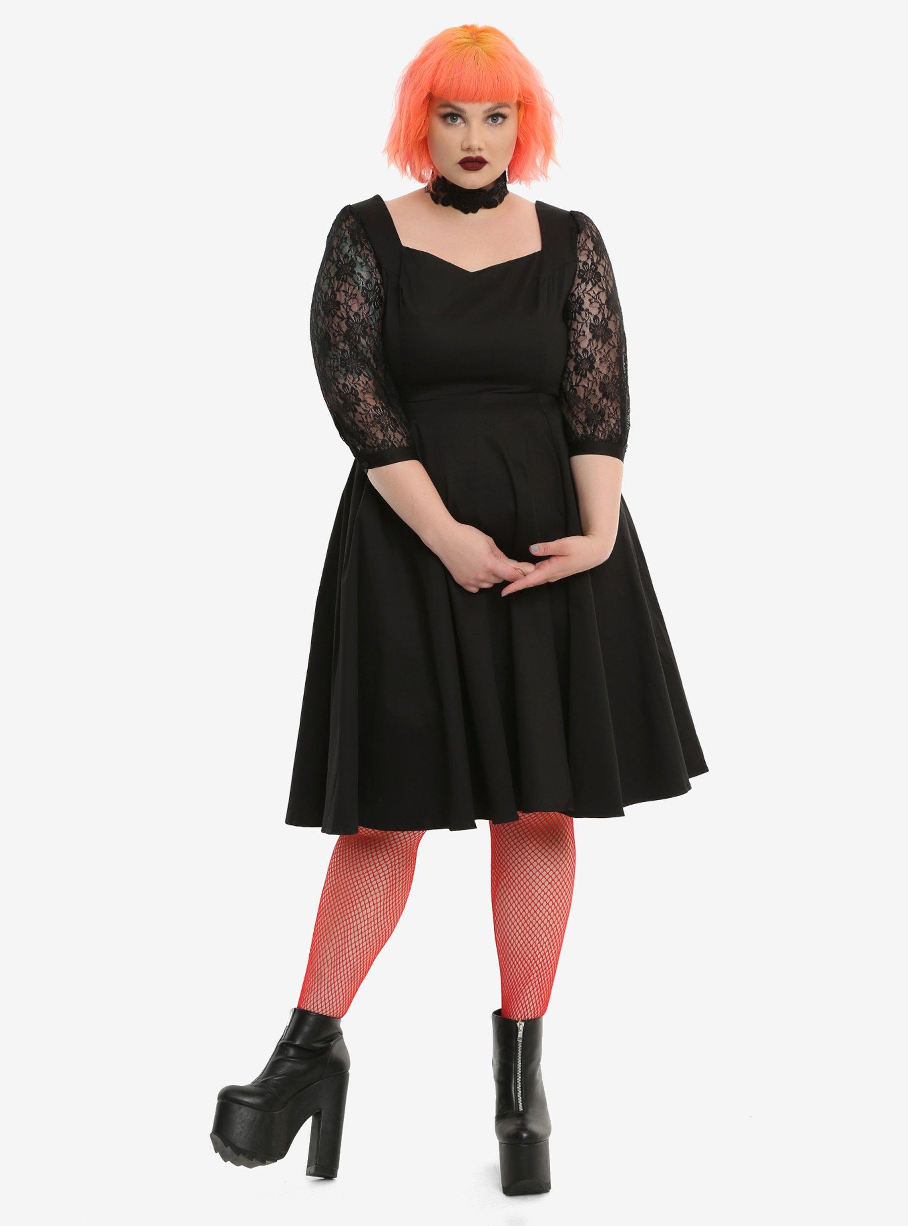 Black Lace Sleeve Swing Dress Plus Size, , alternate