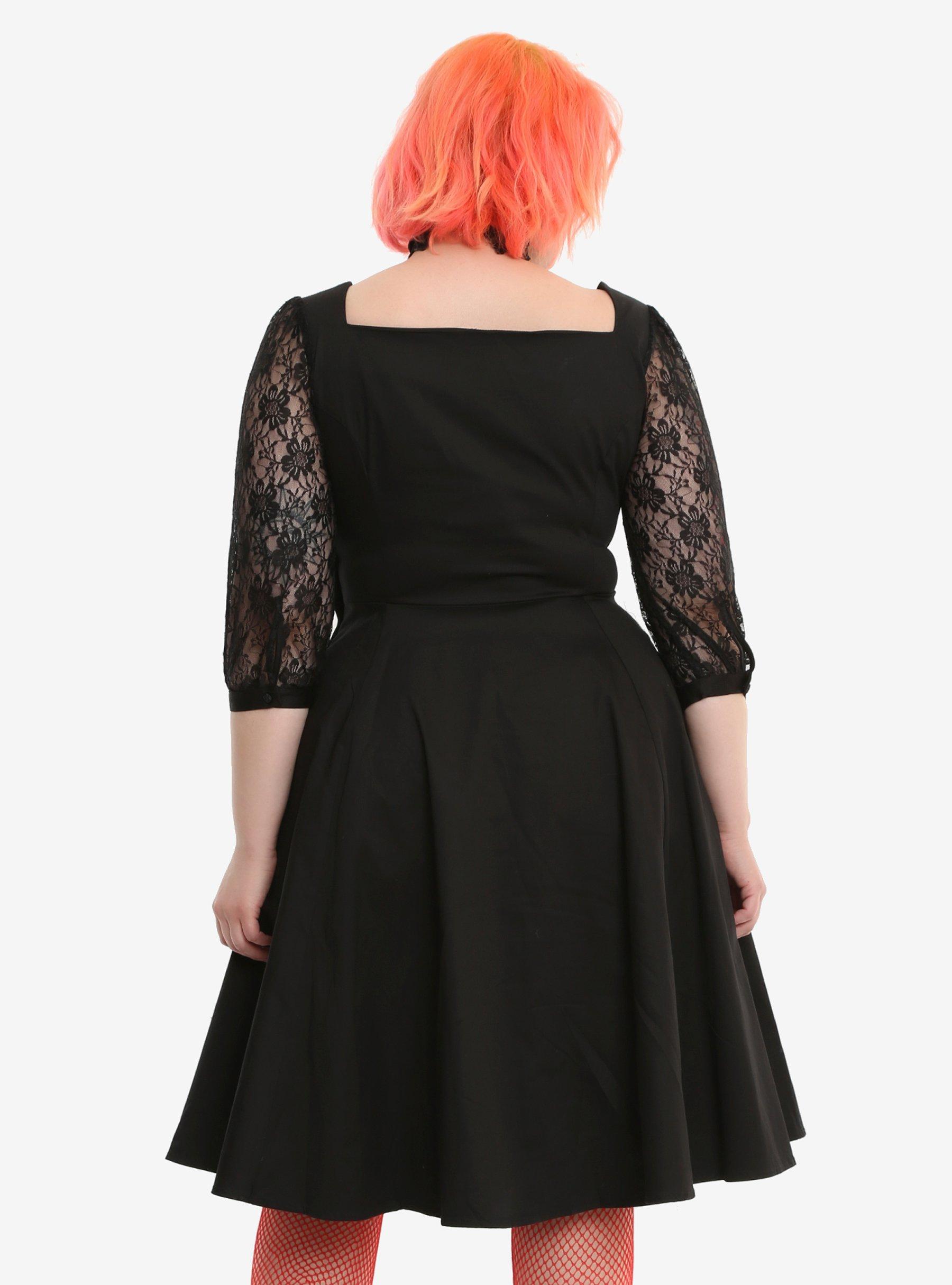 Black Lace Sleeve Swing Dress Plus Size, , alternate