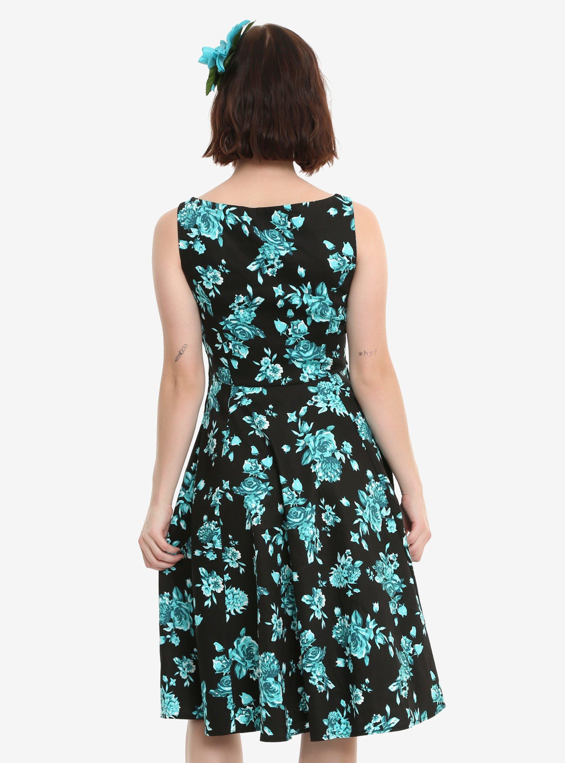 Black & Turquoise Floral Swing Dress, , alternate