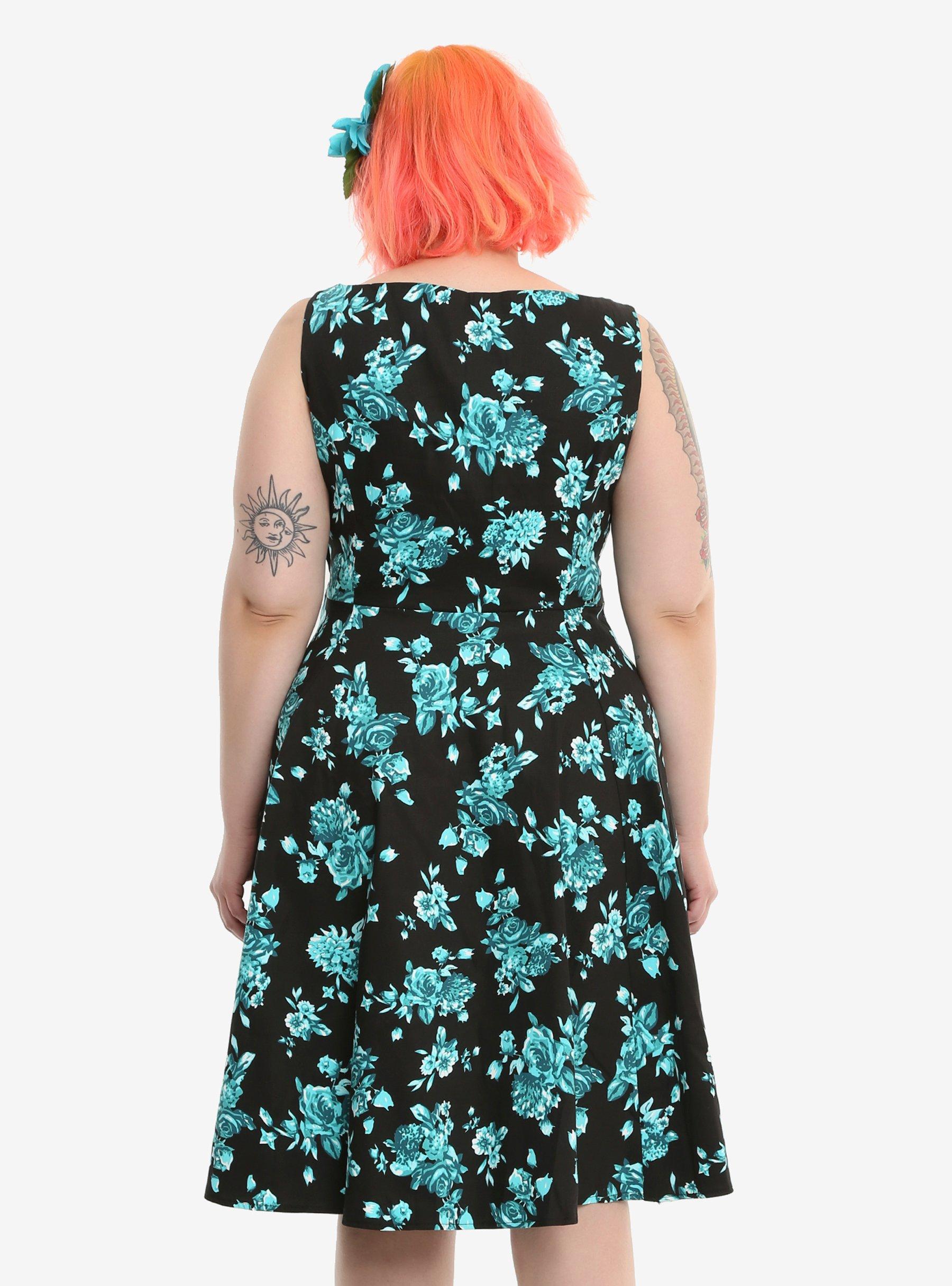 Black & Turquoise Floral Swing Dress Plus Size, , alternate