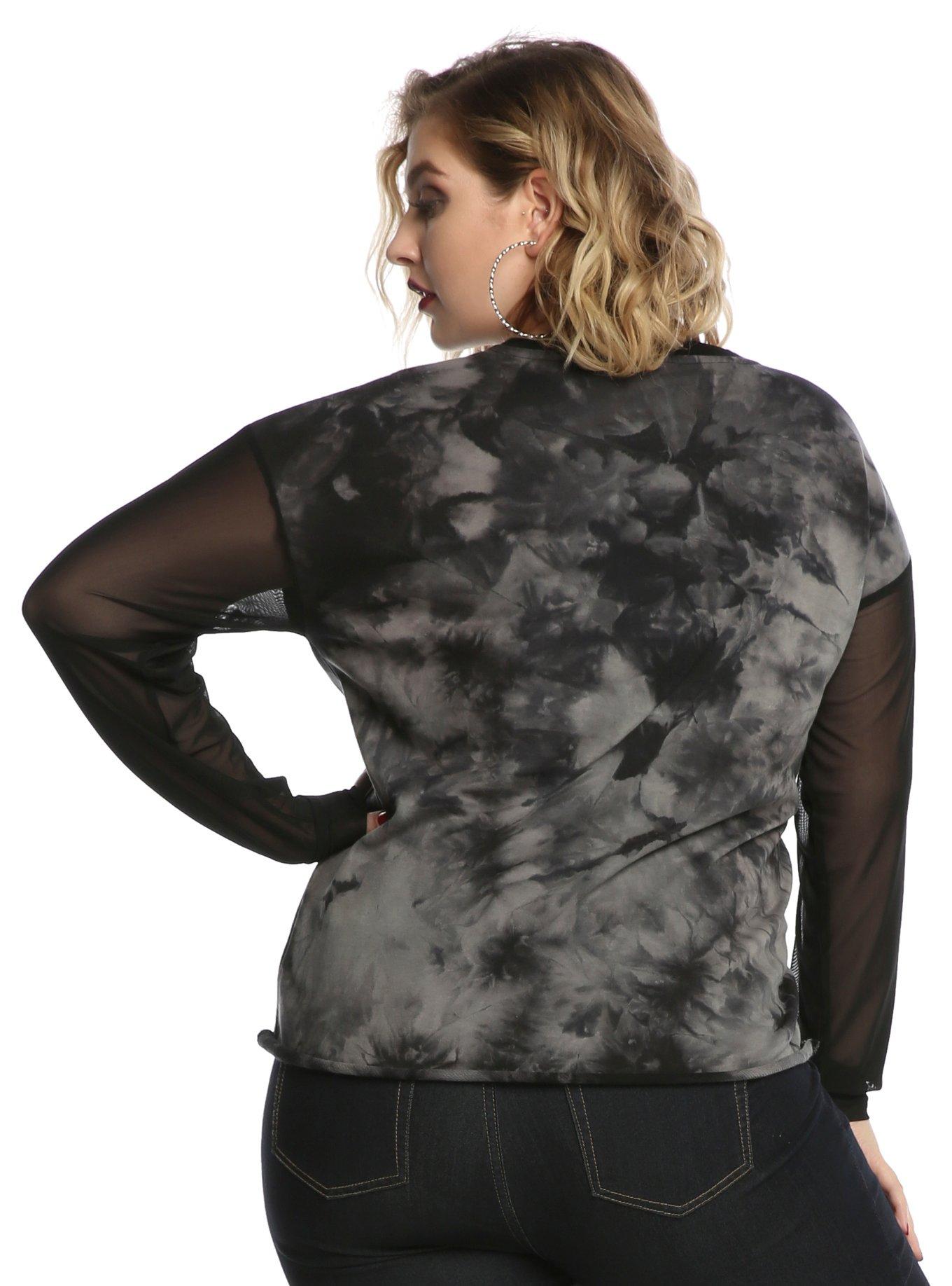 Grey & Black Mesh Sleeve Wash Girls Sweatshirt Plus Size, , alternate