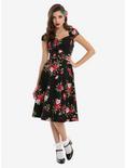 Black Cap Sleeve Floral Swing Dress, , alternate