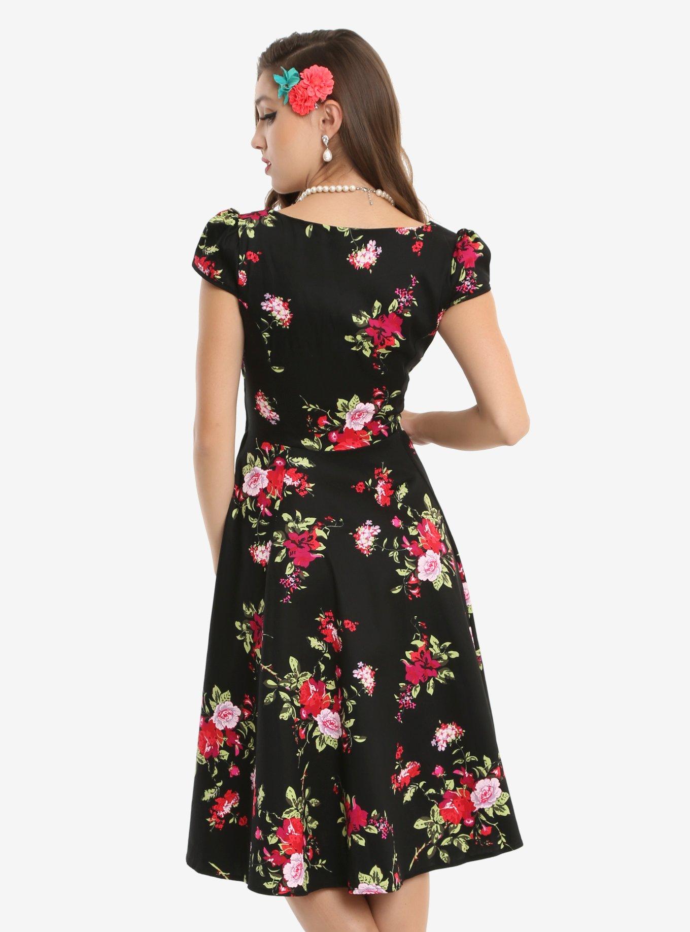 Black Cap Sleeve Floral Swing Dress, , alternate