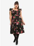 Black Cap Sleeve Floral Swing Dress Plus Size, , alternate
