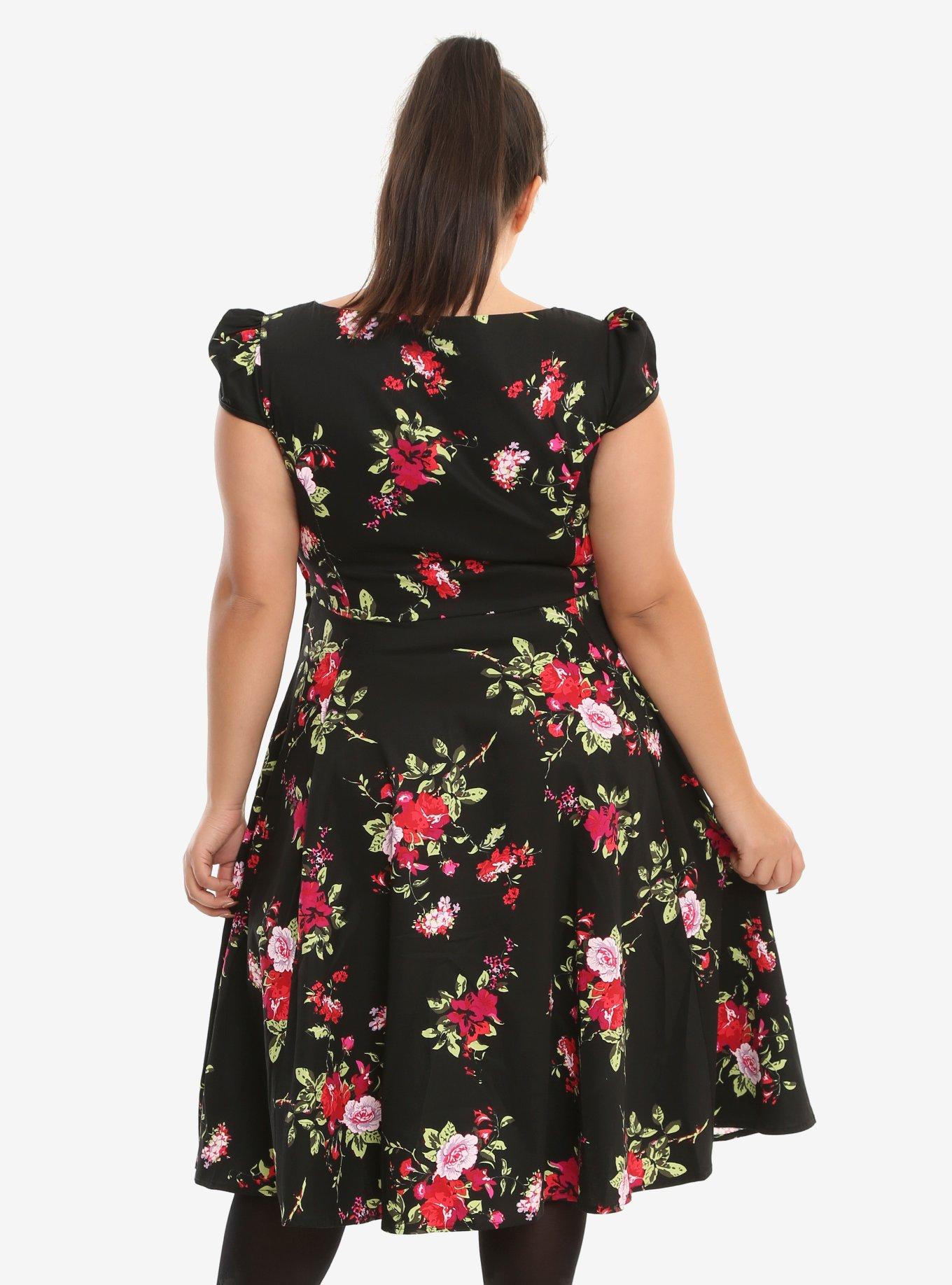 Black Cap Sleeve Floral Swing Dress Plus Size, , alternate