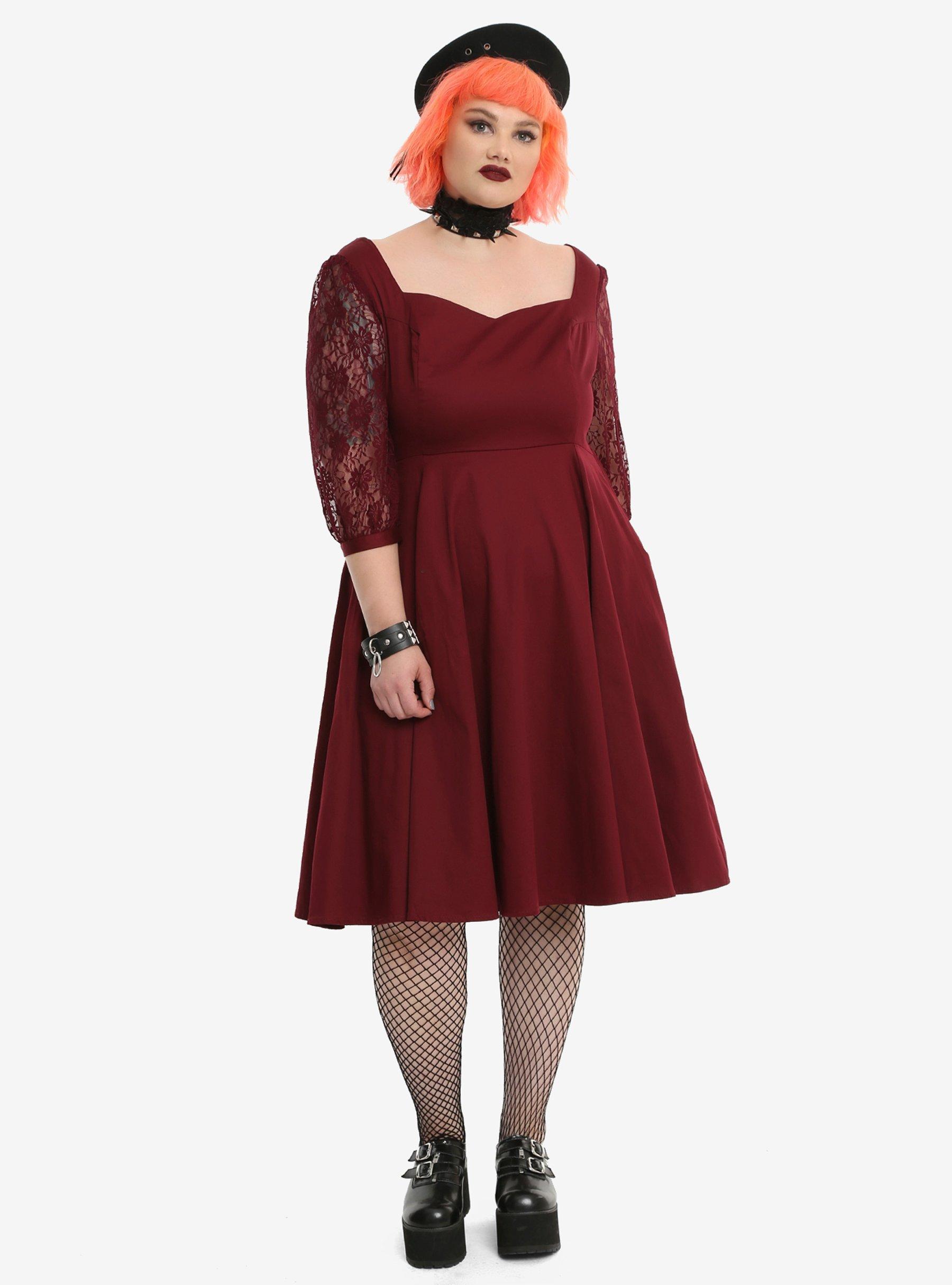 Burgundy Lace Sleeve Swing Dress Plus Size, , alternate