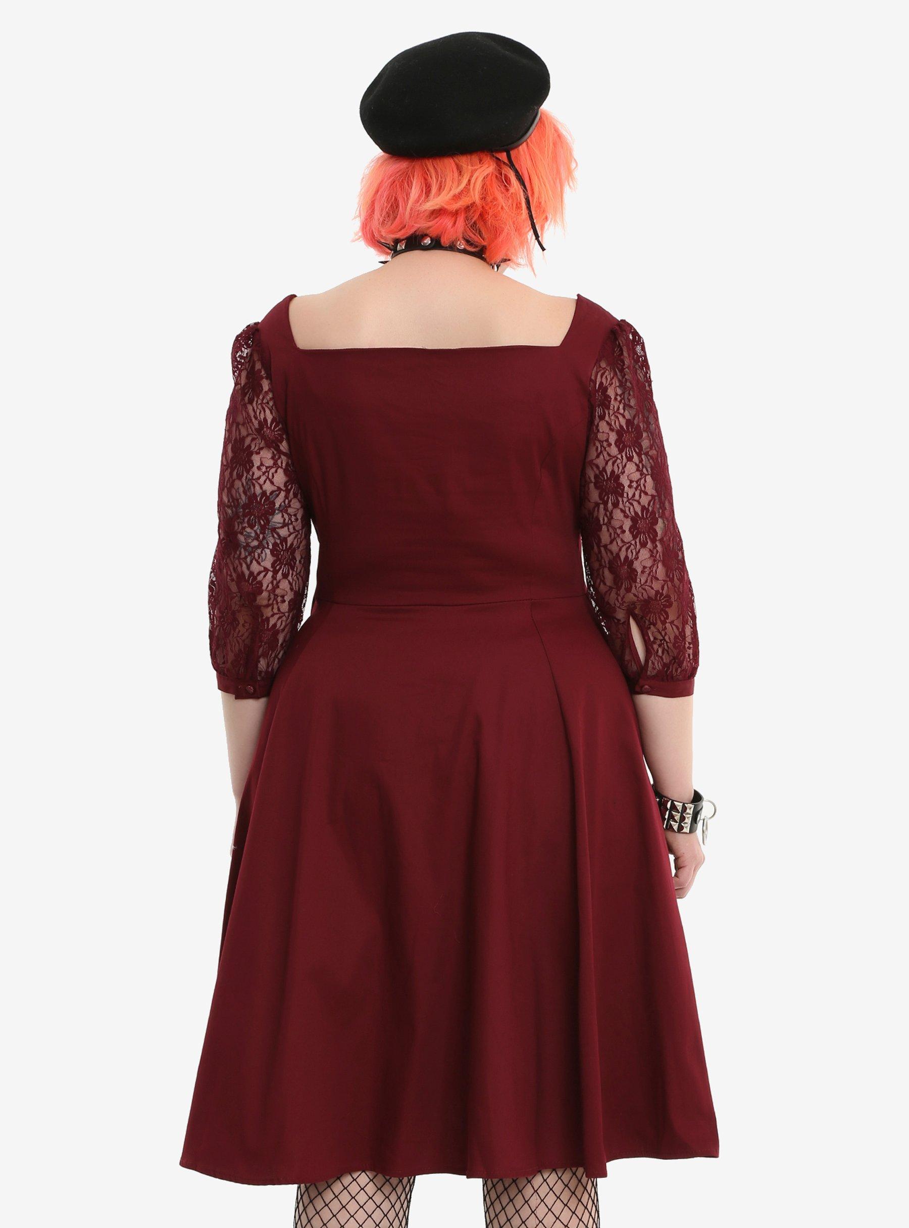 Burgundy Lace Sleeve Swing Dress Plus Size, , alternate