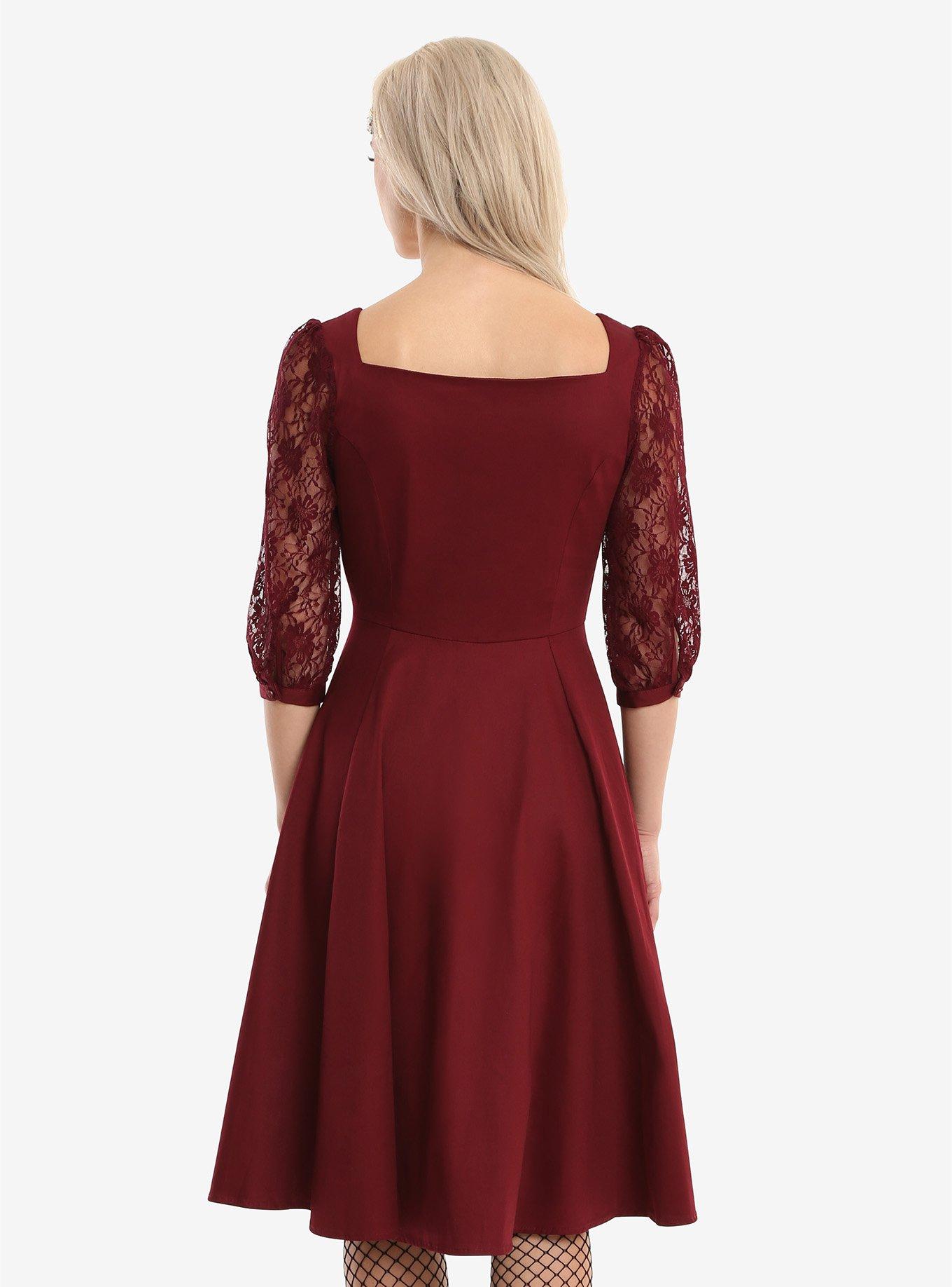 Burgundy Lace Sleeve Swing Dress, , alternate
