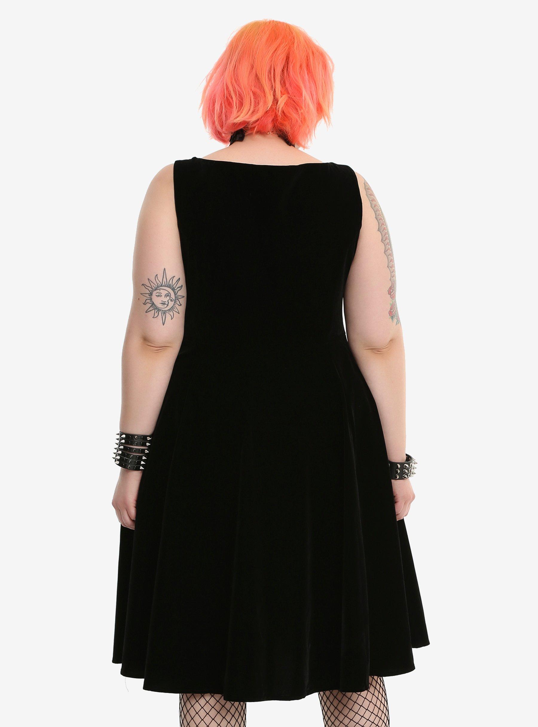 Black Velvet Lace Yoke Fit & Flare Dress Plus Size, , alternate