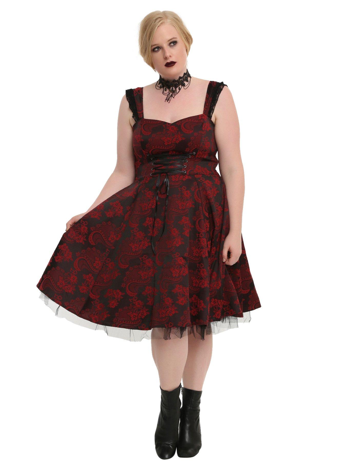 Red & Black Brocade Lace-Up Dress Plus Size, , alternate