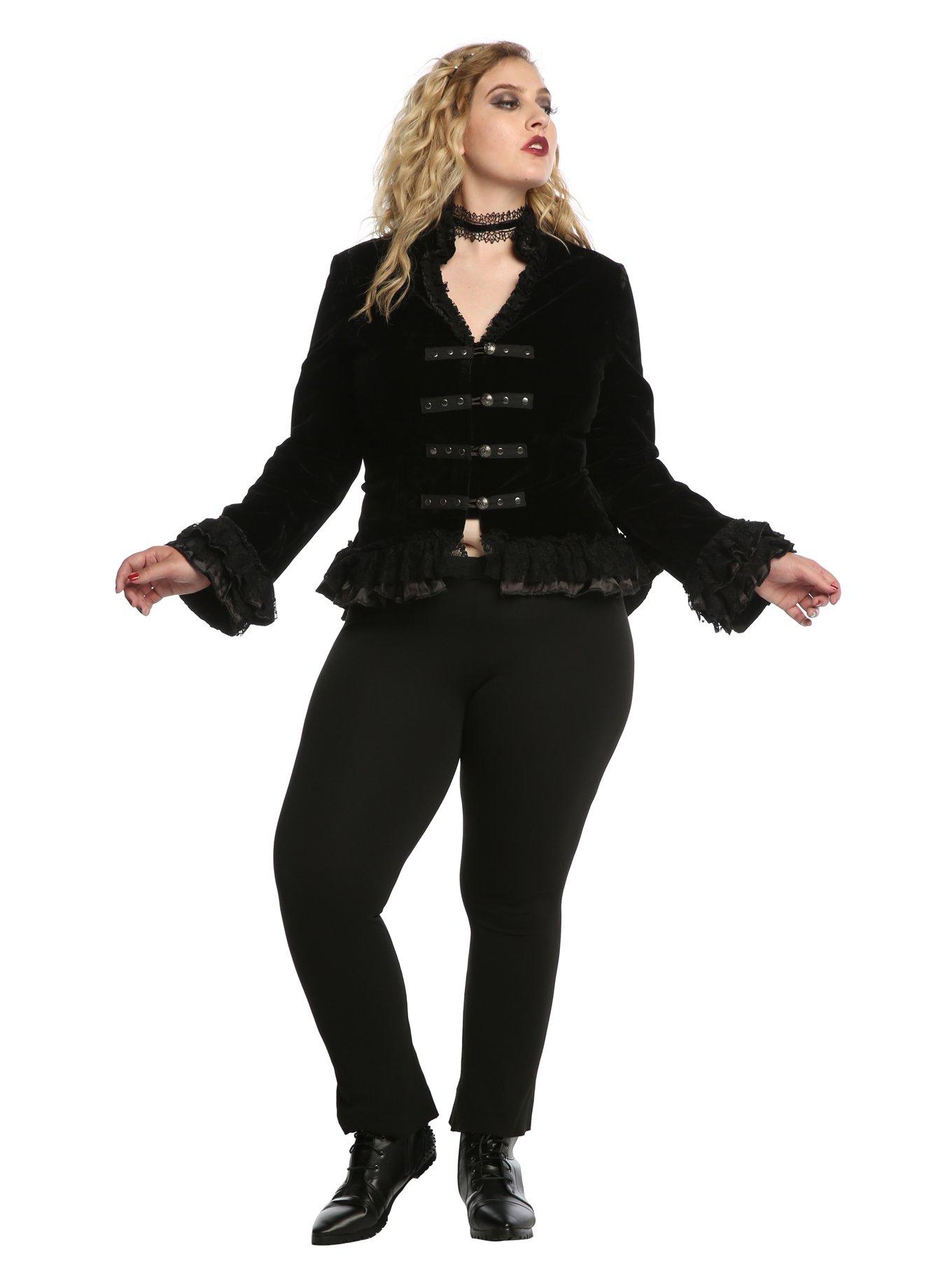 Black Velvet Lace Up Ruffle Bodice Girls Jacket Plus Size, , alternate