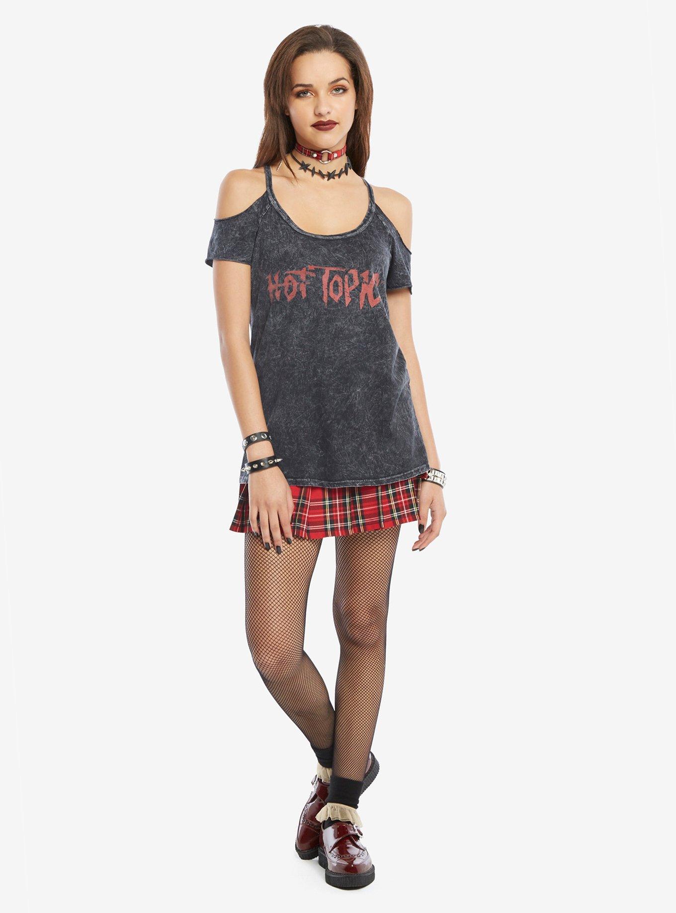 Hot Topic Bleach Wash Girls Cold Shoulder Top, , alternate