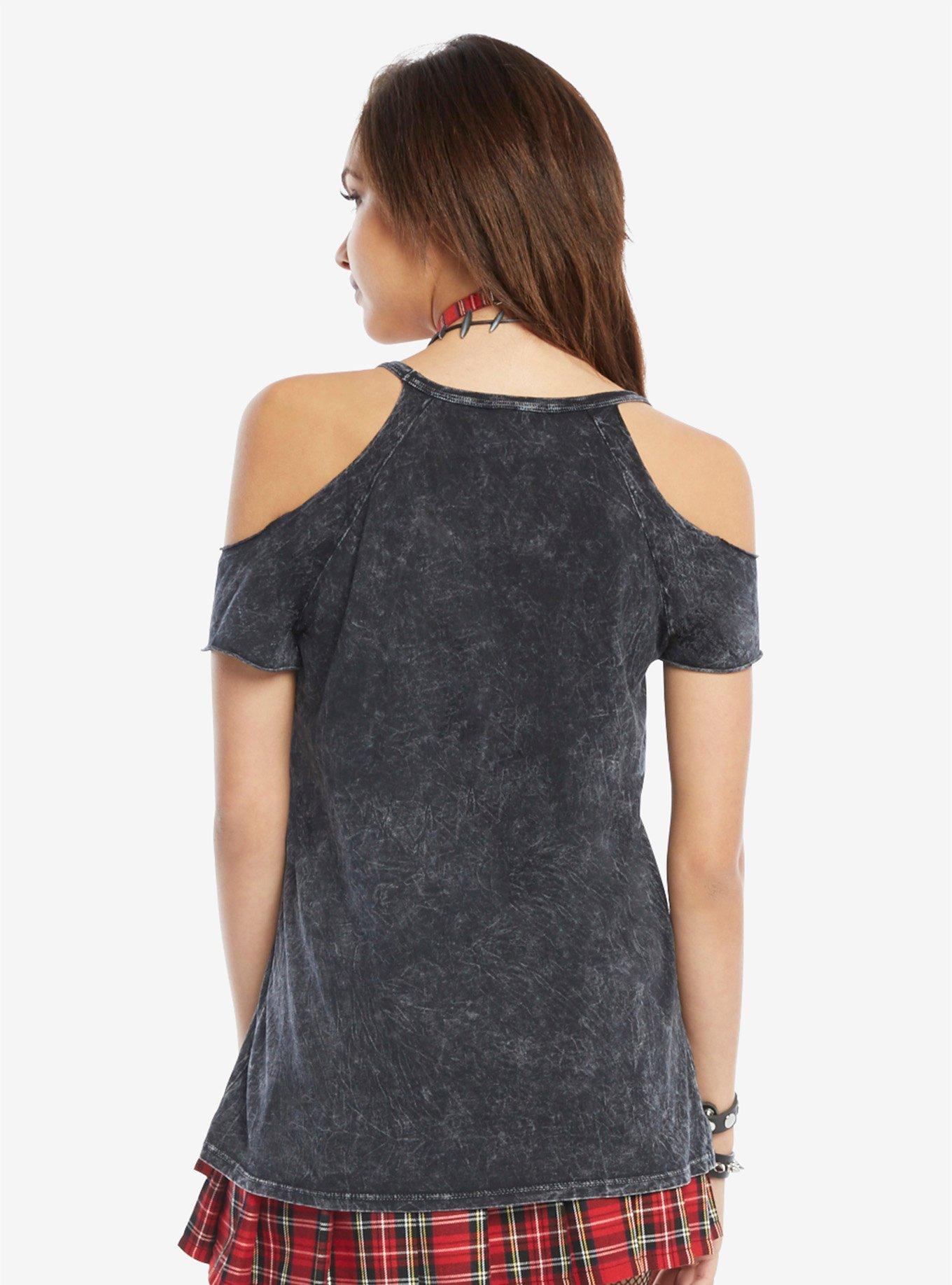 Hot Topic Bleach Wash Girls Cold Shoulder Top, , alternate
