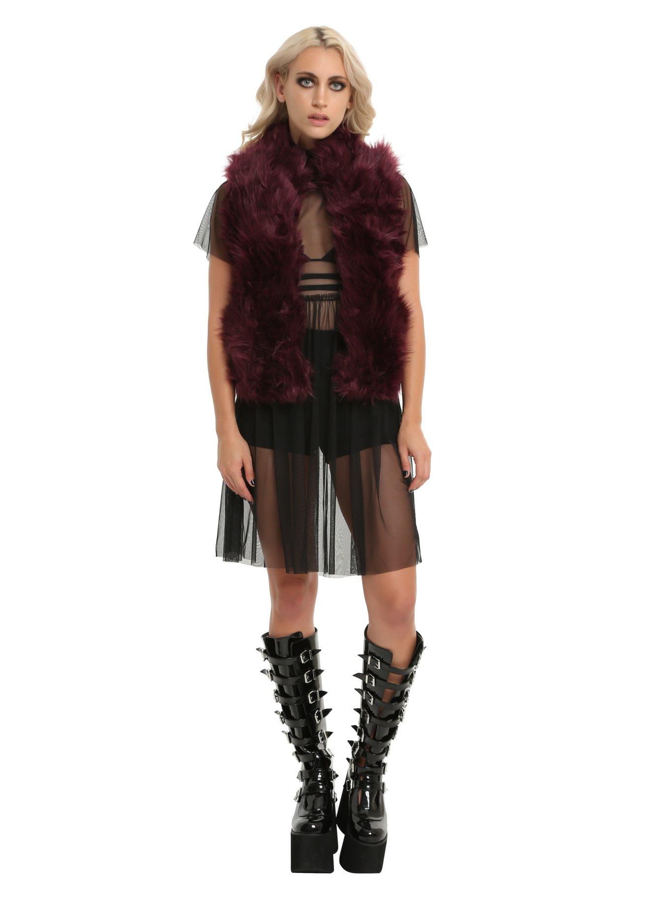 Burgundy Faux Fur Vest, , alternate