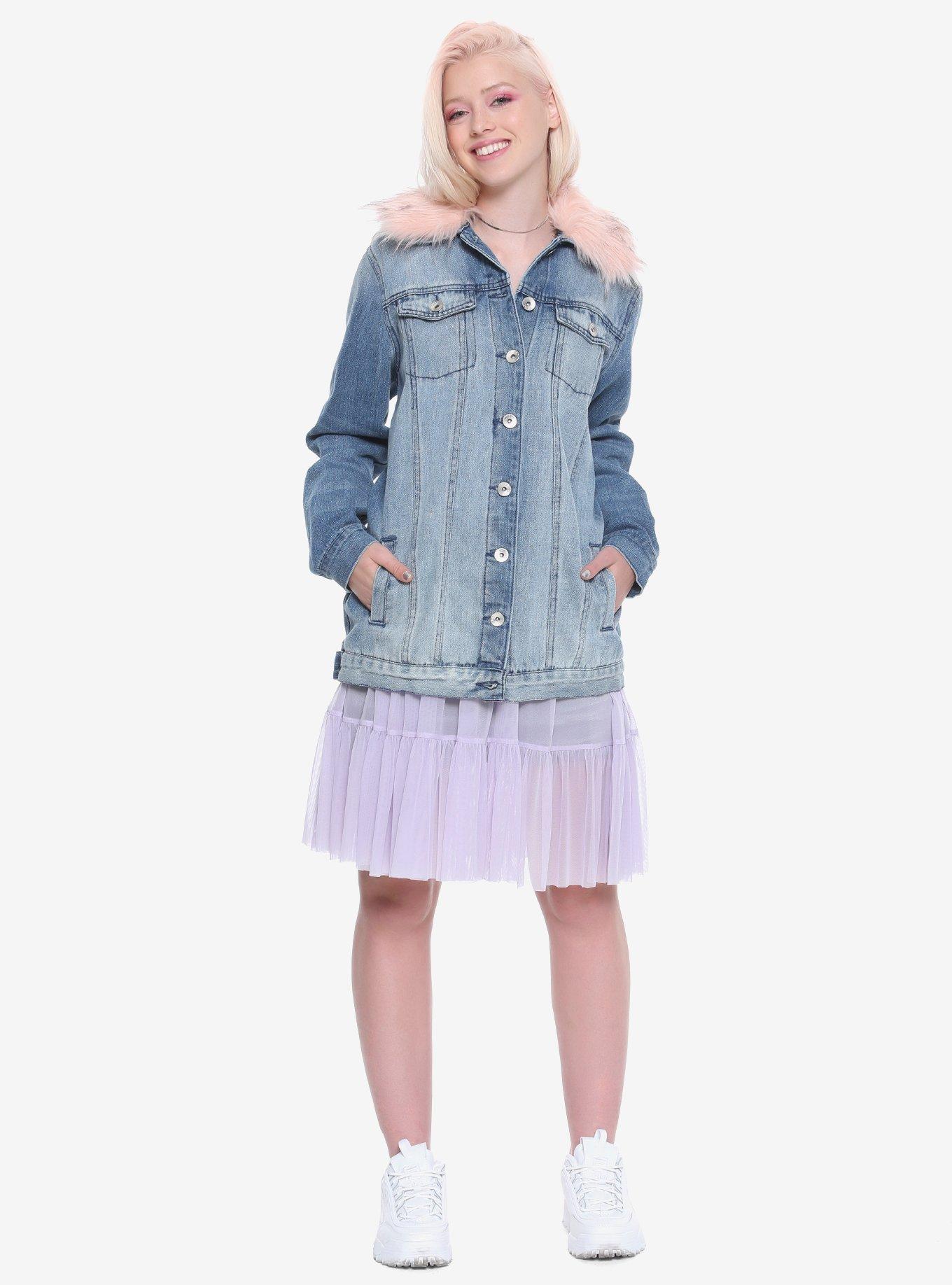 Pink Faux Fur Trim Girls Denim Jacket, , alternate