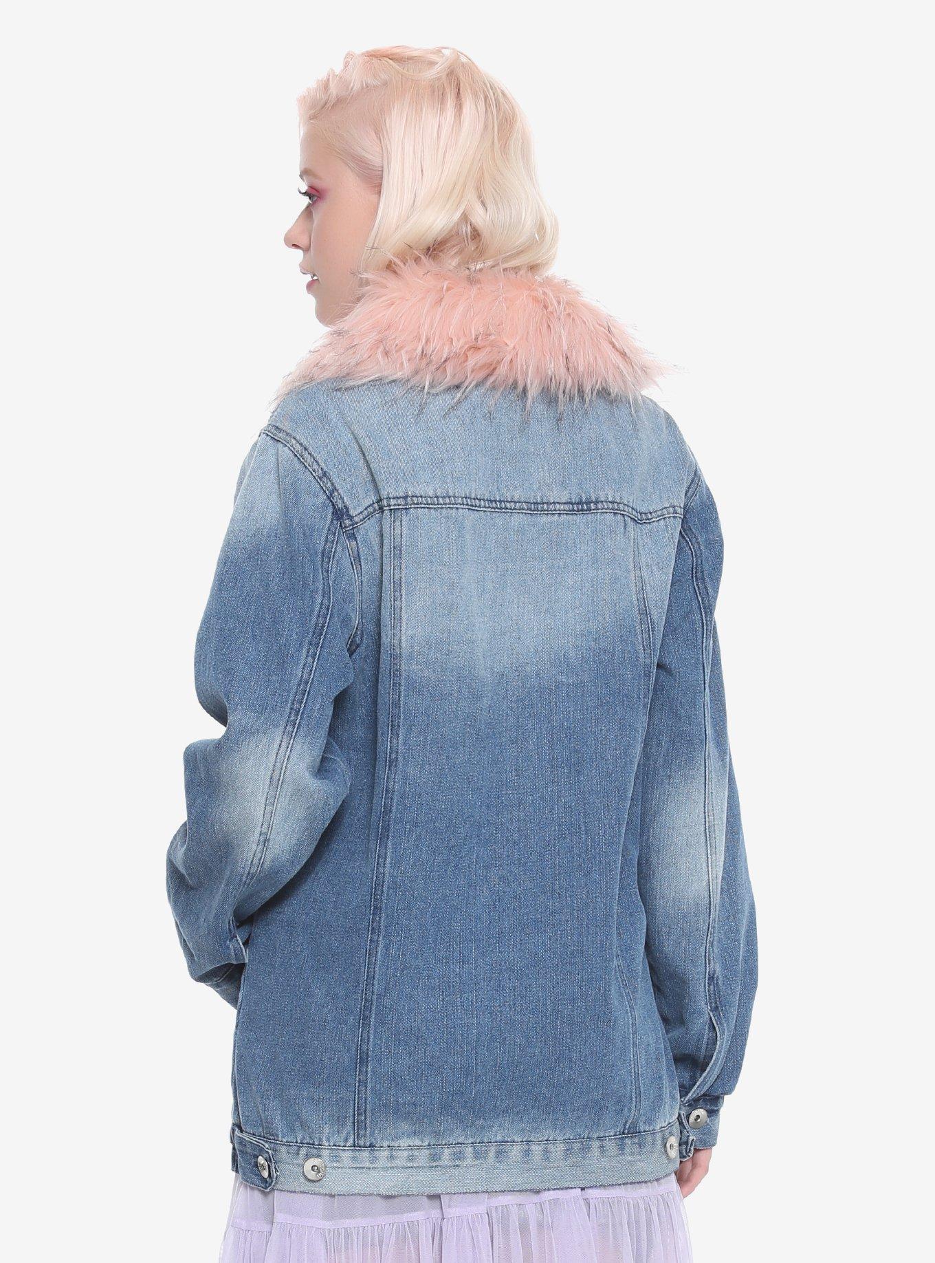 Pink Faux Fur Trim Girls Denim Jacket, , alternate