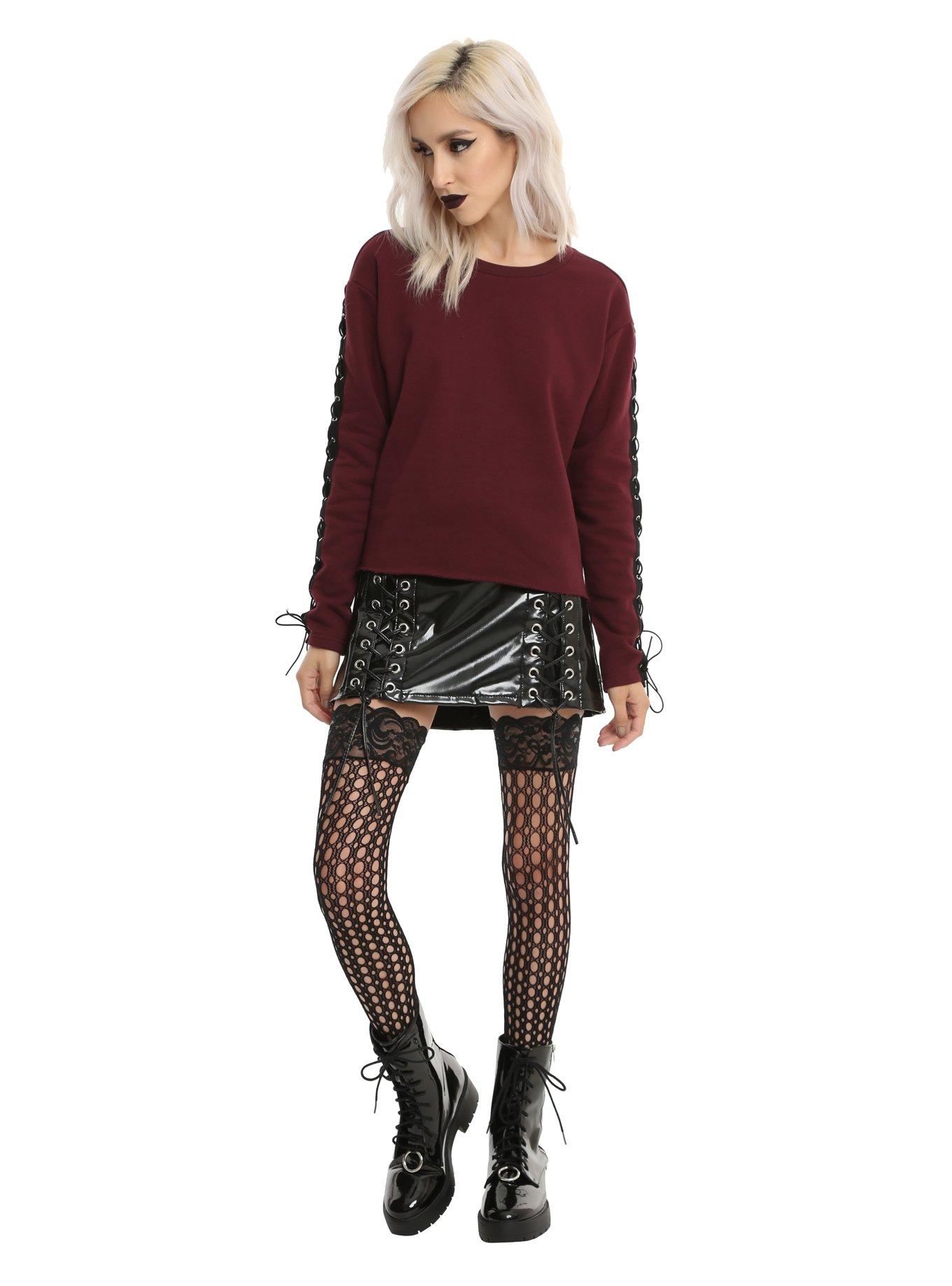 Burgundy Lace-Up Long-Sleeve Girls Top, , alternate