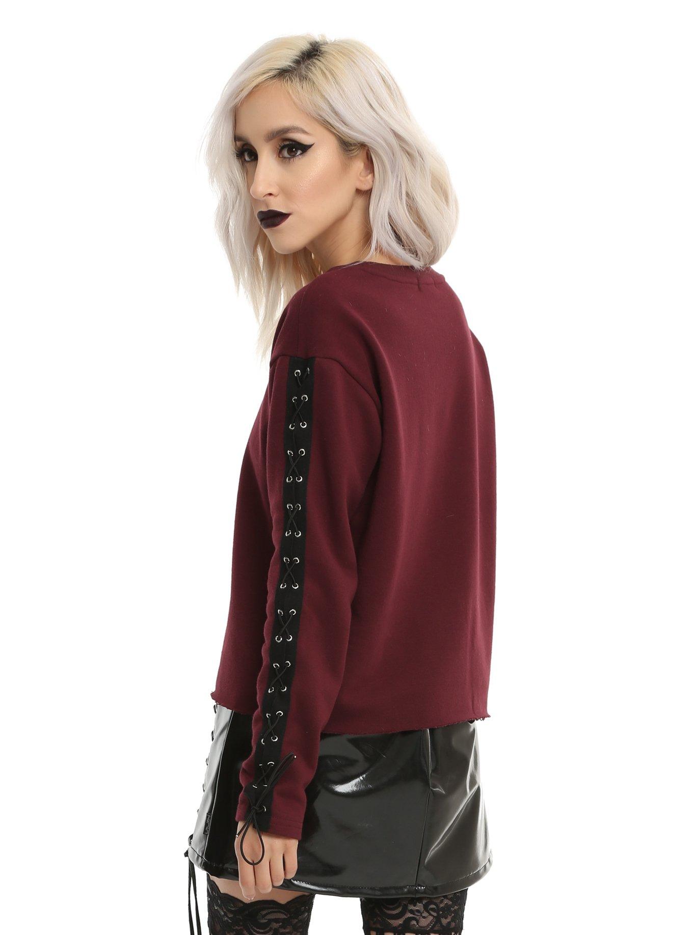 Burgundy Lace-Up Long-Sleeve Girls Top, , alternate