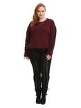 Burgundy Lace-Up Long-Sleeve Girls Top Plus Size, , alternate