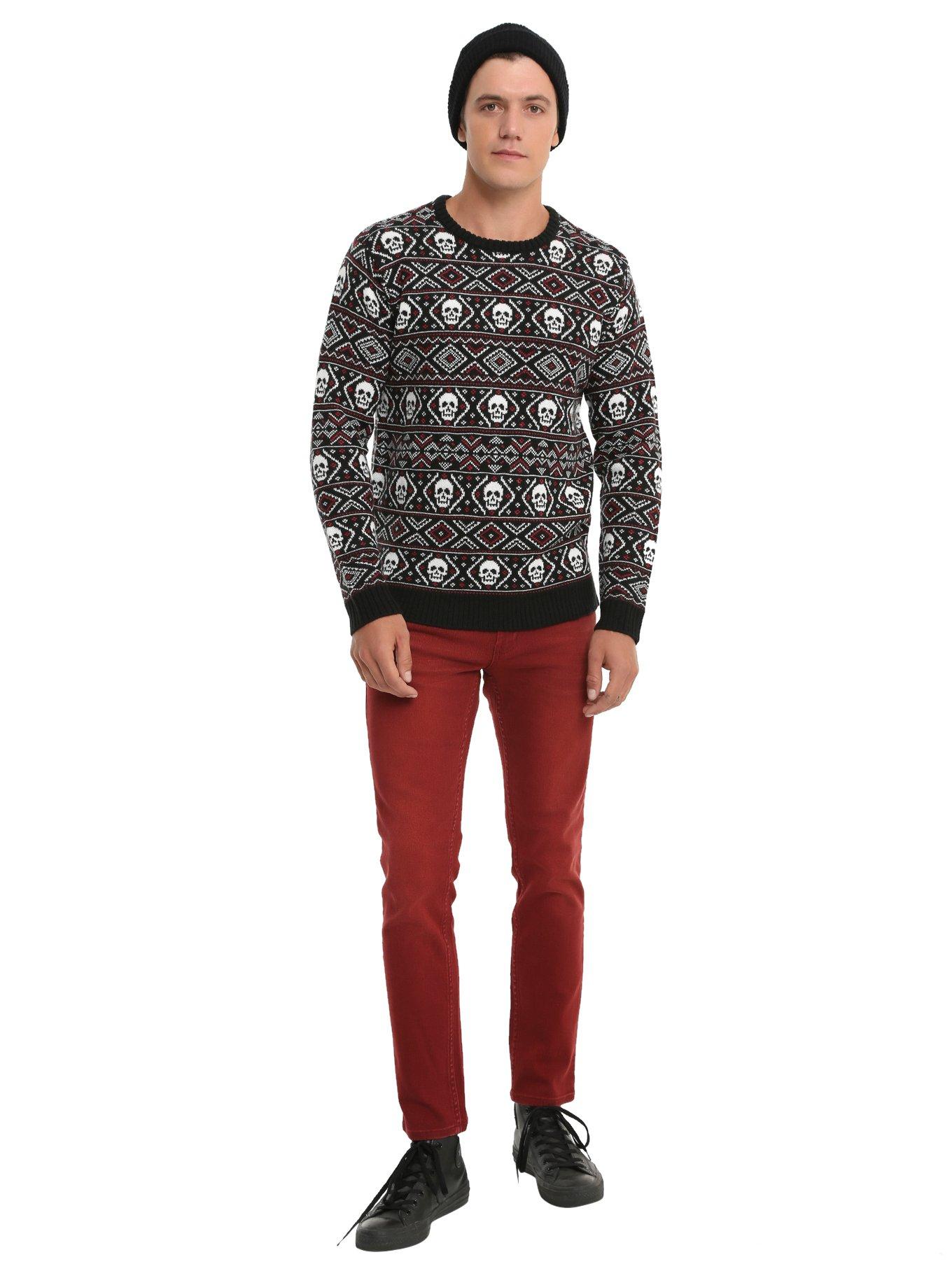 XXX RUDE Black & Red Skull Fair Isle Sweater, , alternate