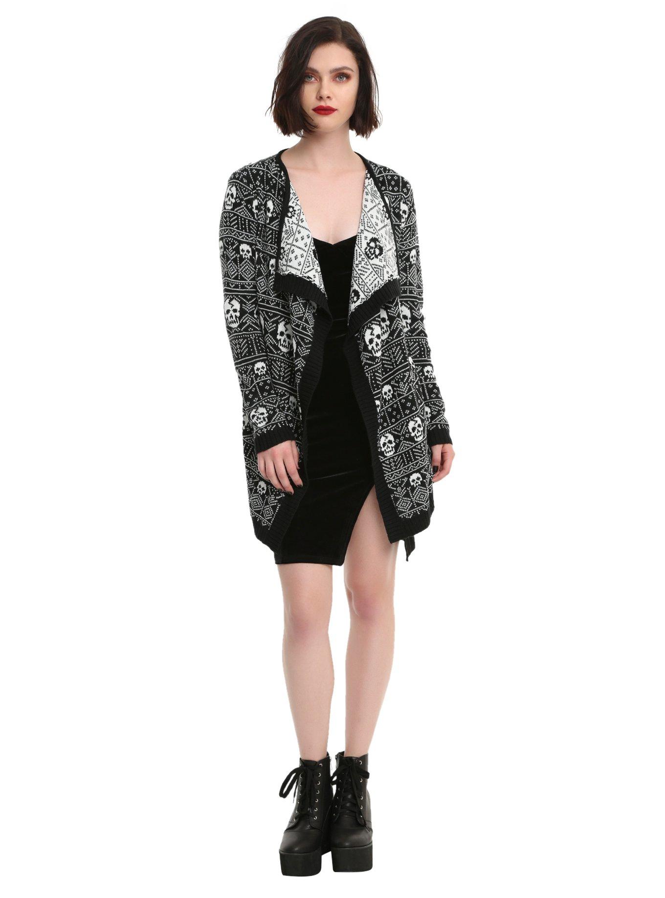 Black & White Skull Fair Isle Girls Flyaway Cardigan, , alternate
