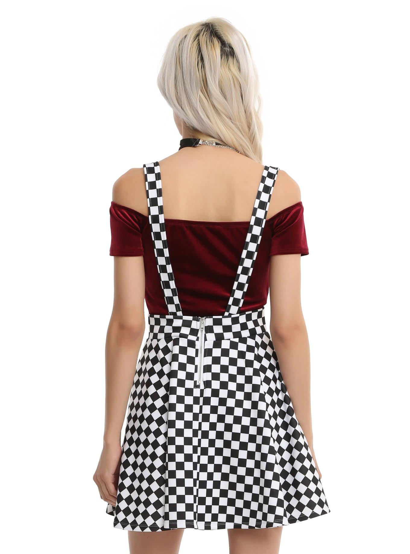 Black & White Checkered Suspender Skirt, , alternate