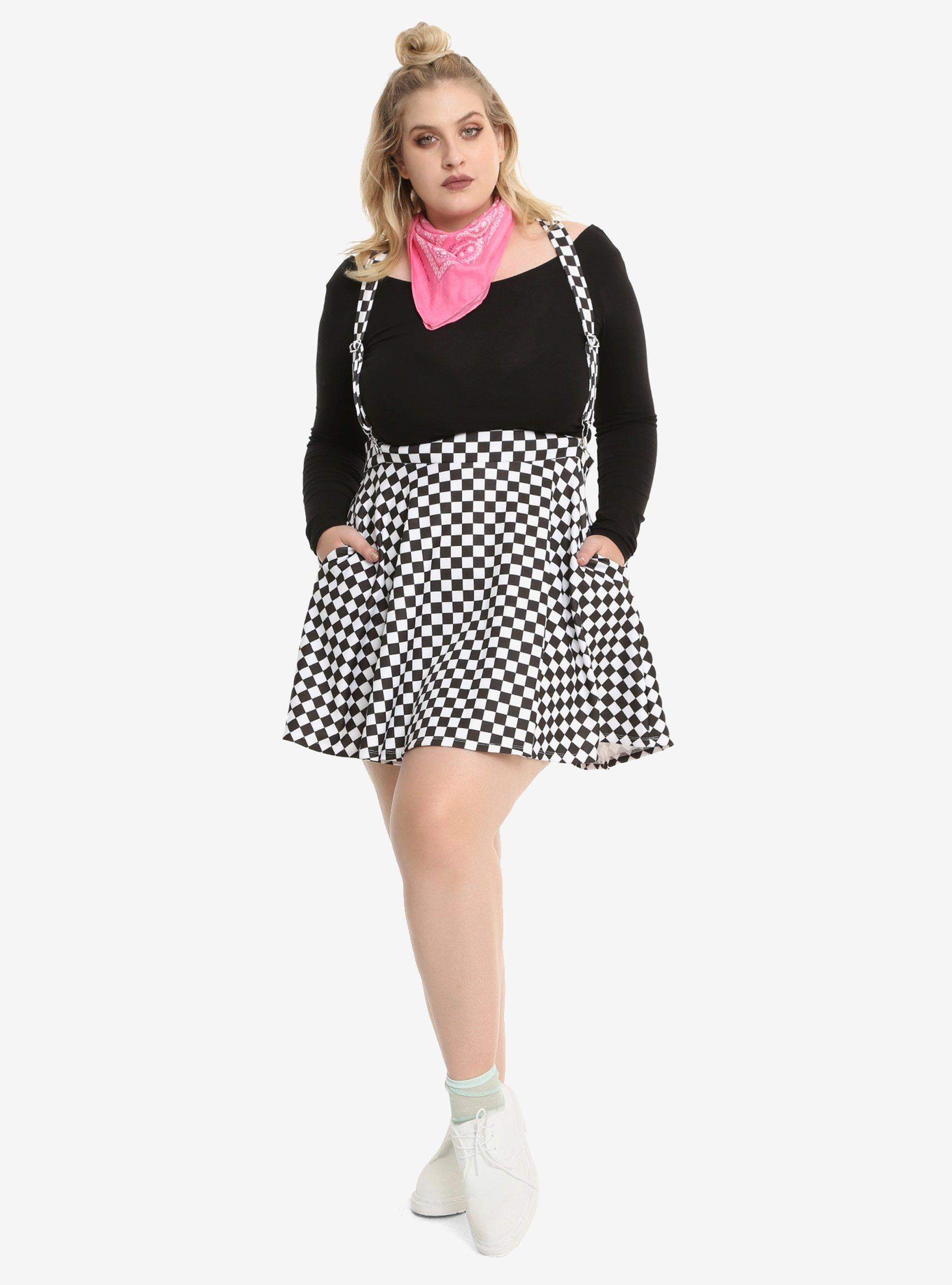 Black & White Checkered Suspender Skirt Plus Size, , alternate