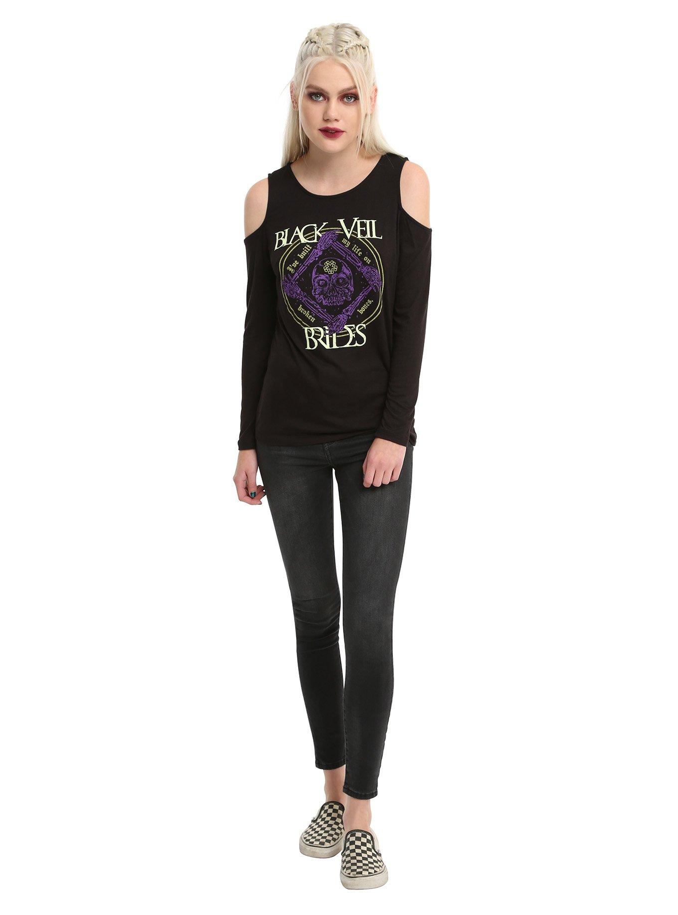 Black Veil Brides Broken Bones Cold Shoulder Long-Sleeve Girls Top, BLACK, alternate