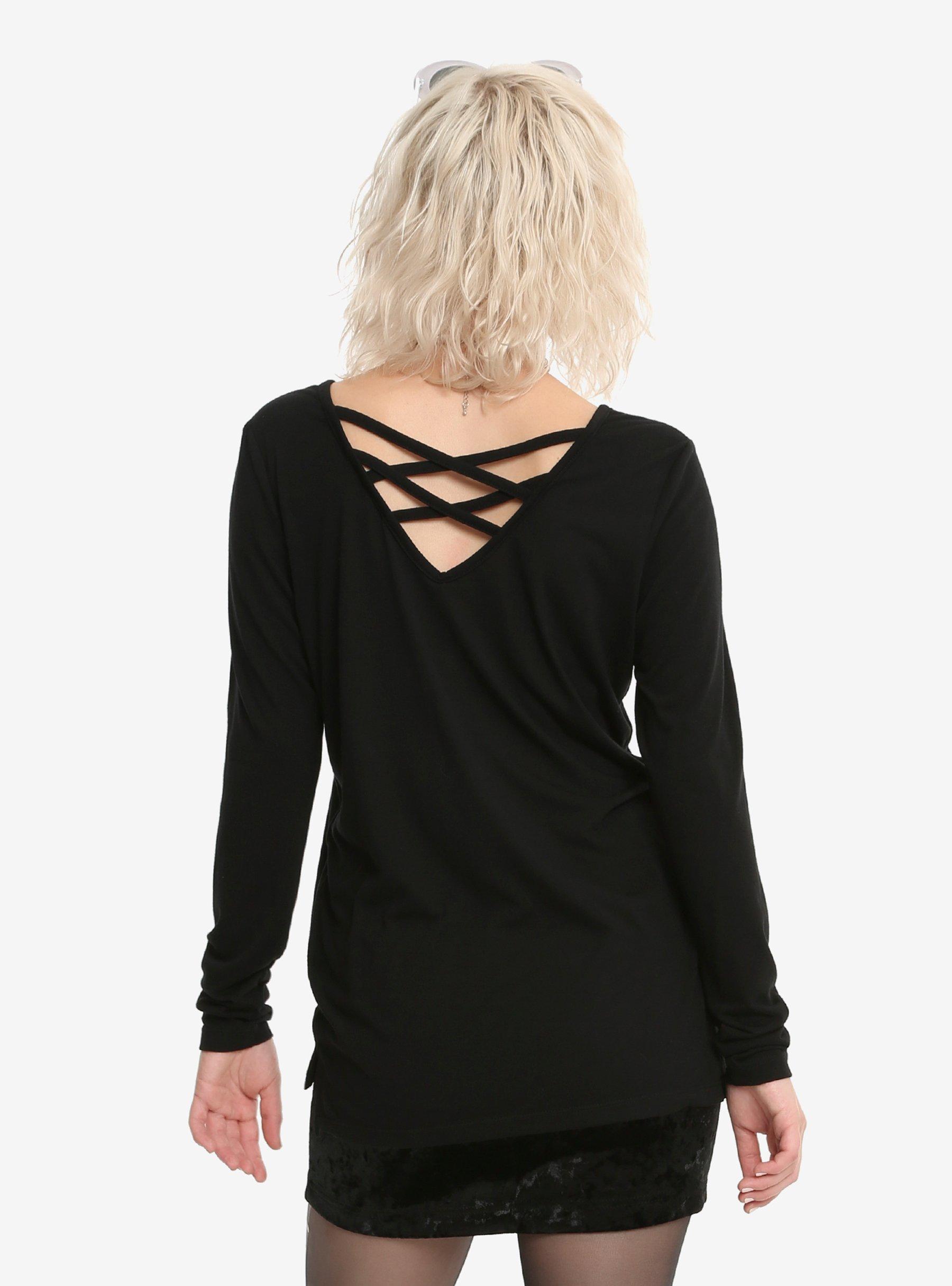 David Bowie Crisscross Back Long-Sleeve Girls Top, BLACK, alternate