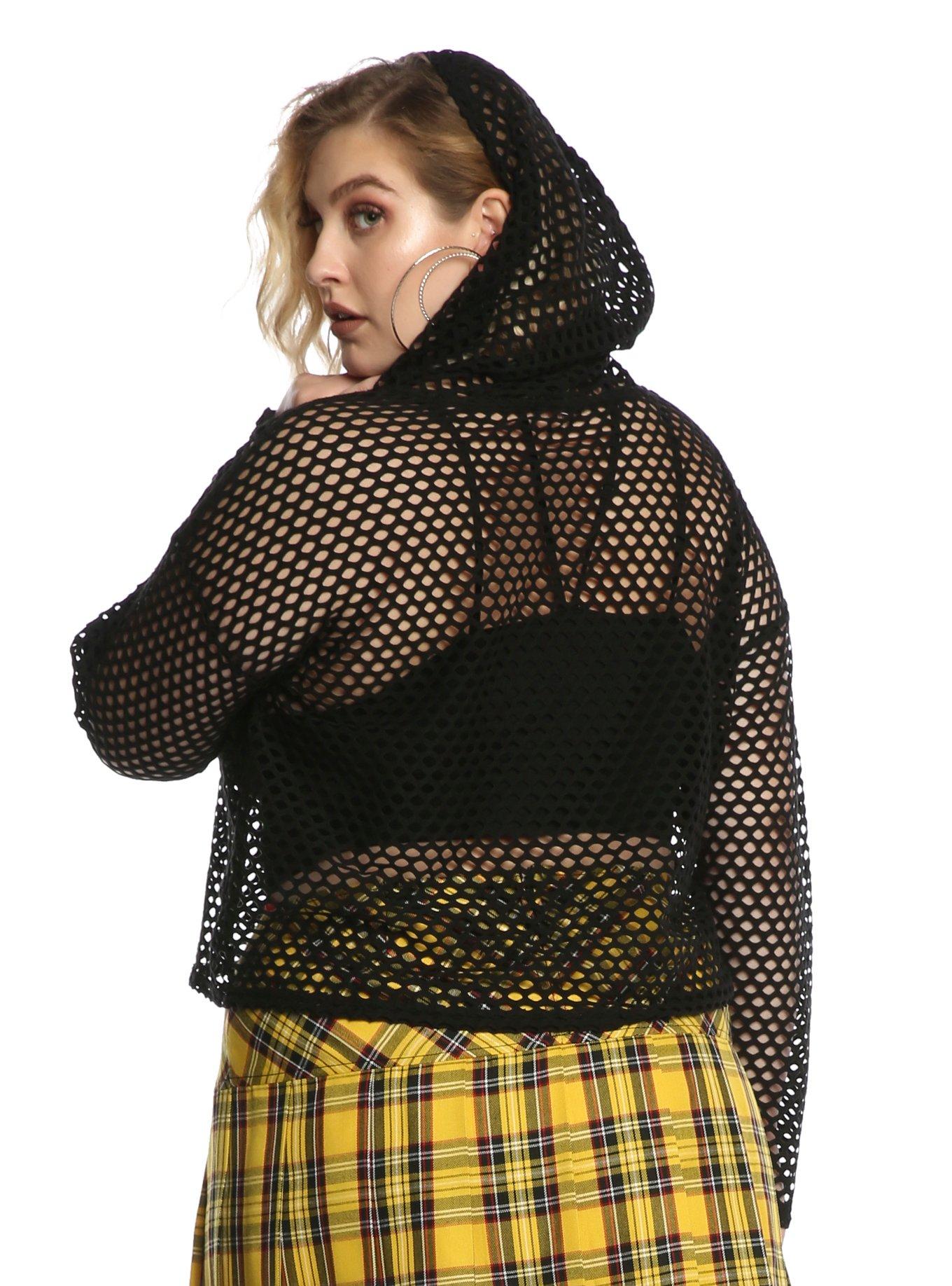 Black Fishnet Girls Crop Hoodie Plus Size, , alternate