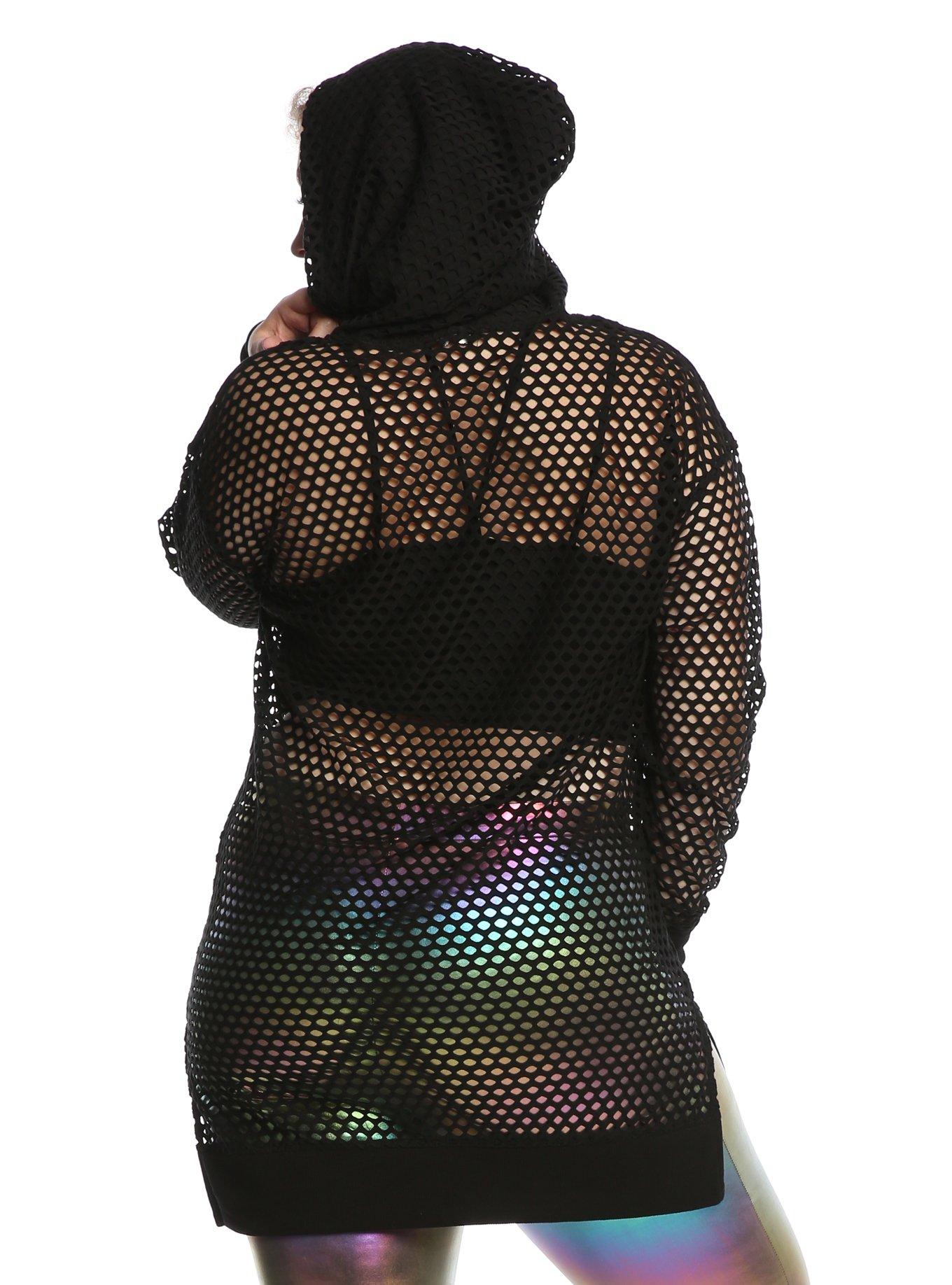 Black Fishnet Girls Tunic Hoodie Plus Size, , alternate