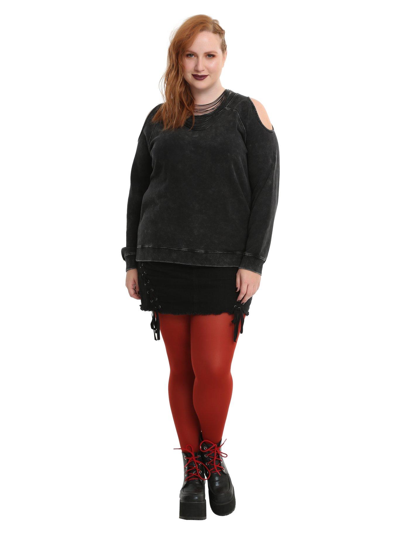 Faded Black Cold Shoulder Girls Sweatshirt Plus Size, , alternate