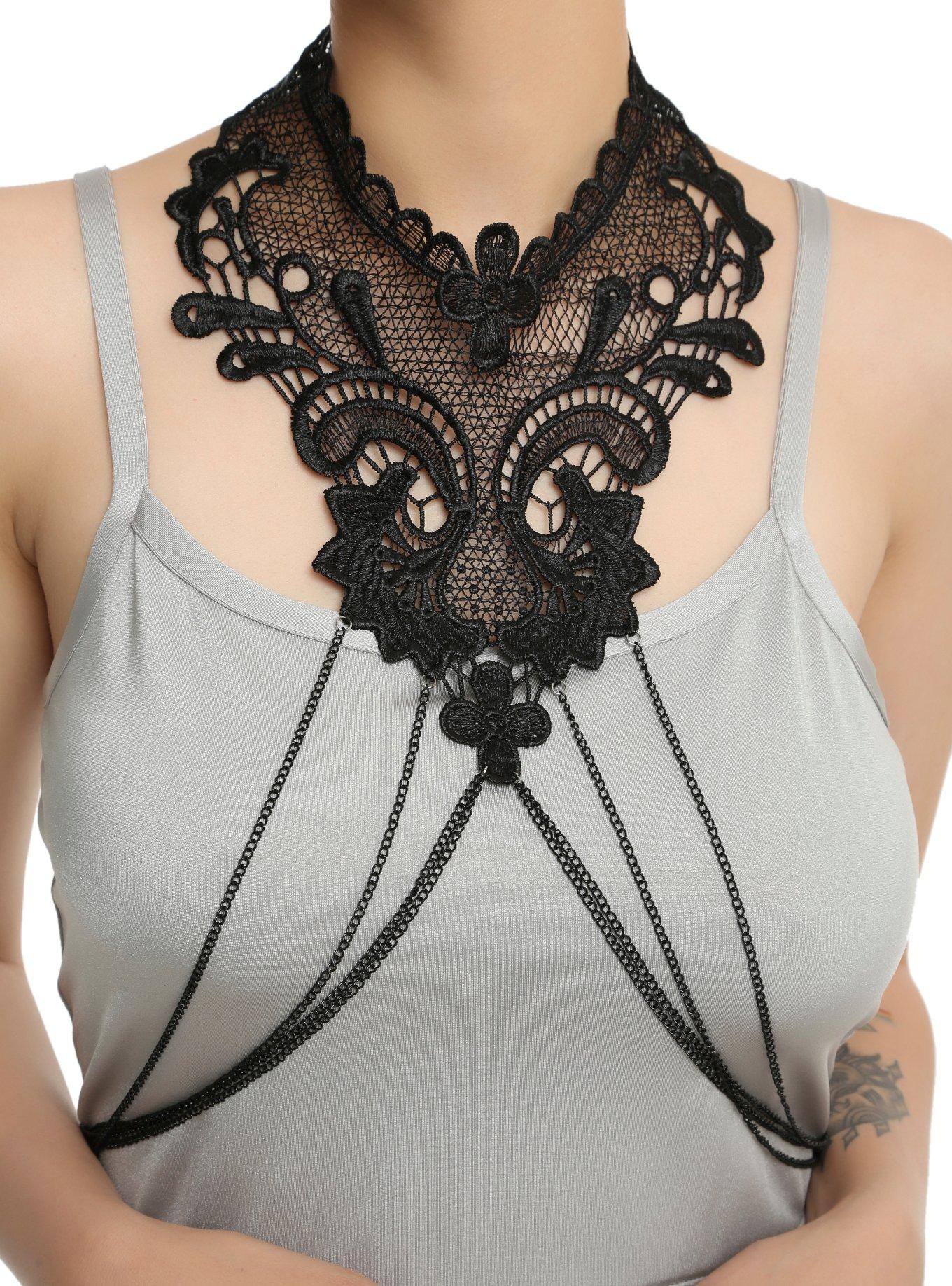 Black Lace Filigree Choker Body Harness, , alternate