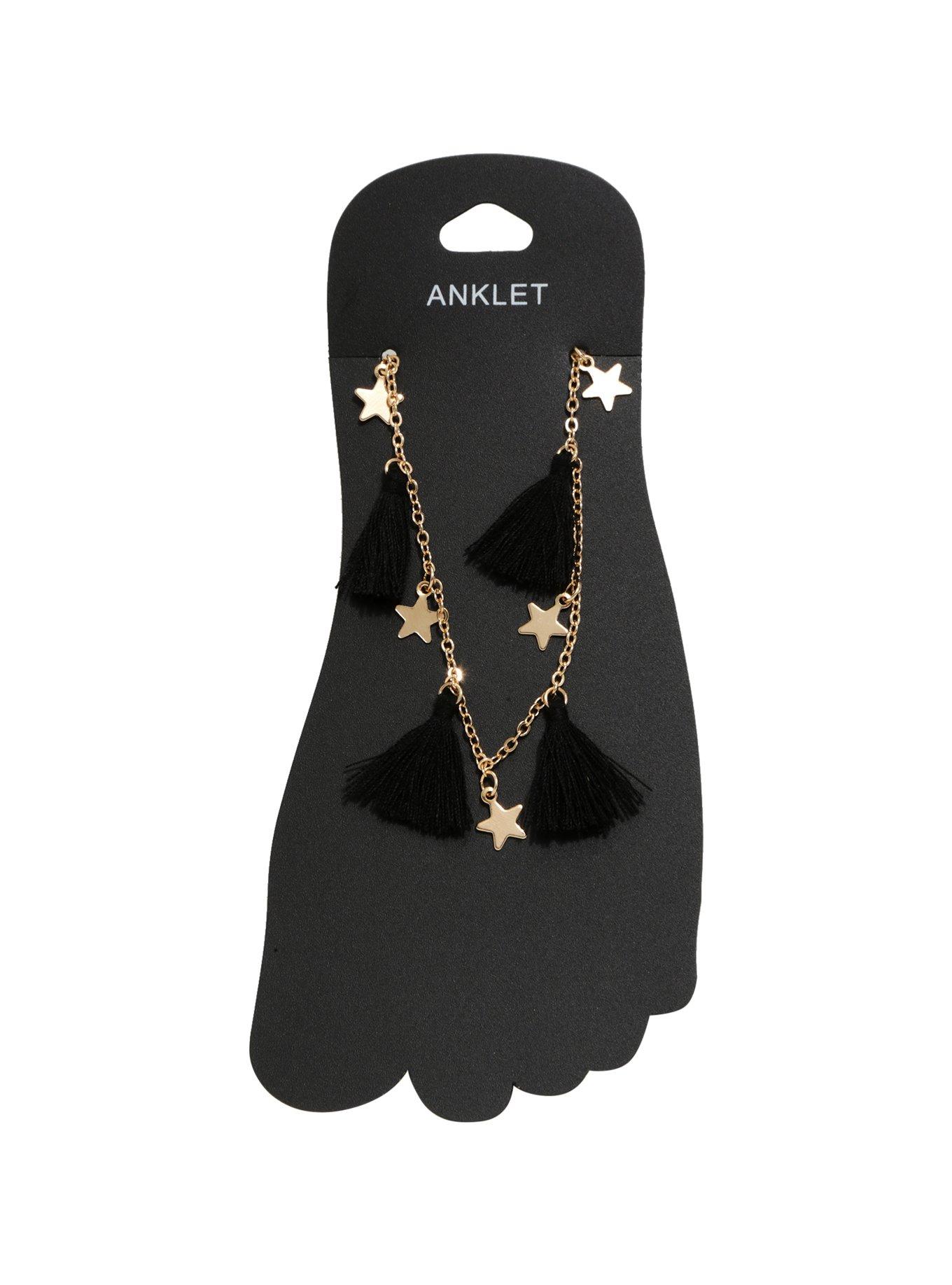 Gold Star Black Tassel Anklet, , alternate