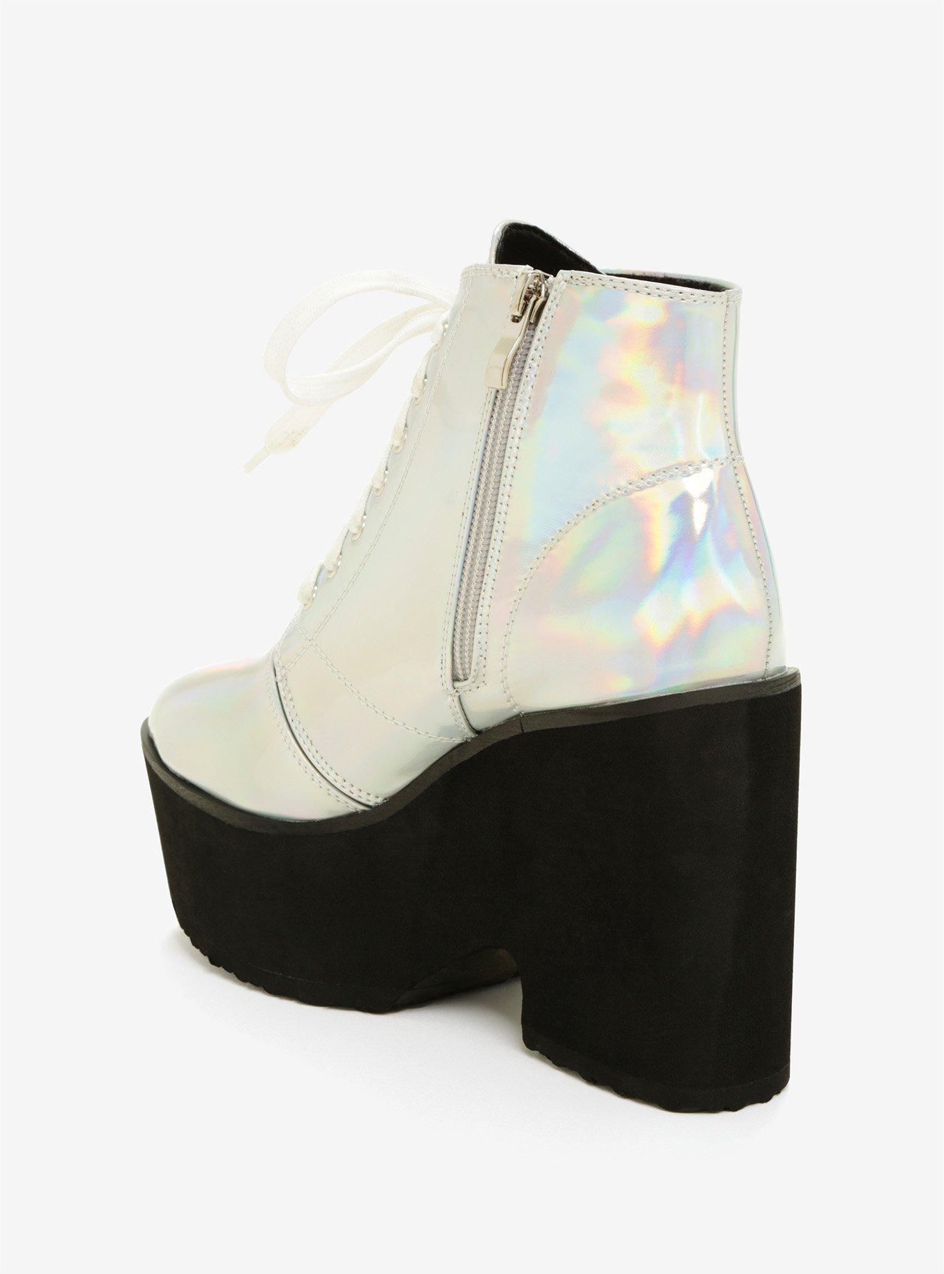 Holographic Faux Leather Lace-Up Platform Booties, , alternate