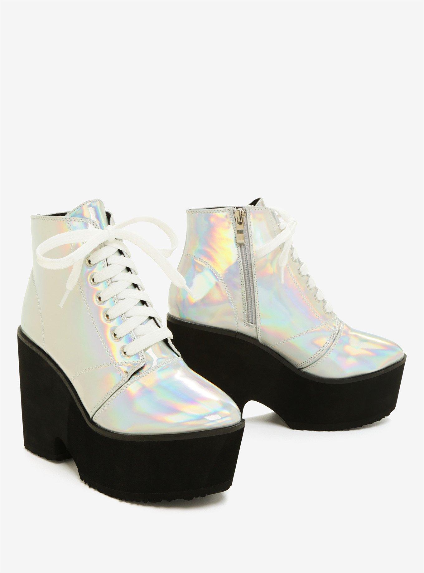 Holographic Faux Leather Lace-Up Platform Booties, , alternate