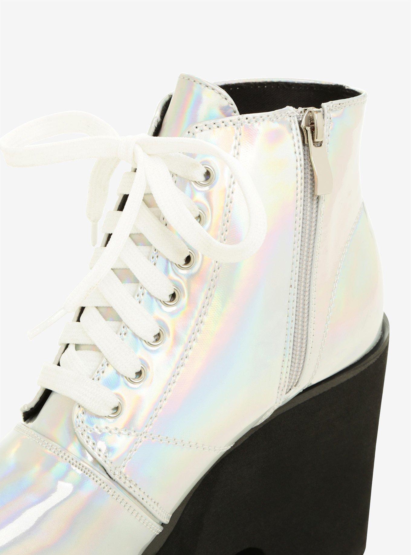 Holographic Faux Leather Lace-Up Platform Booties, , alternate