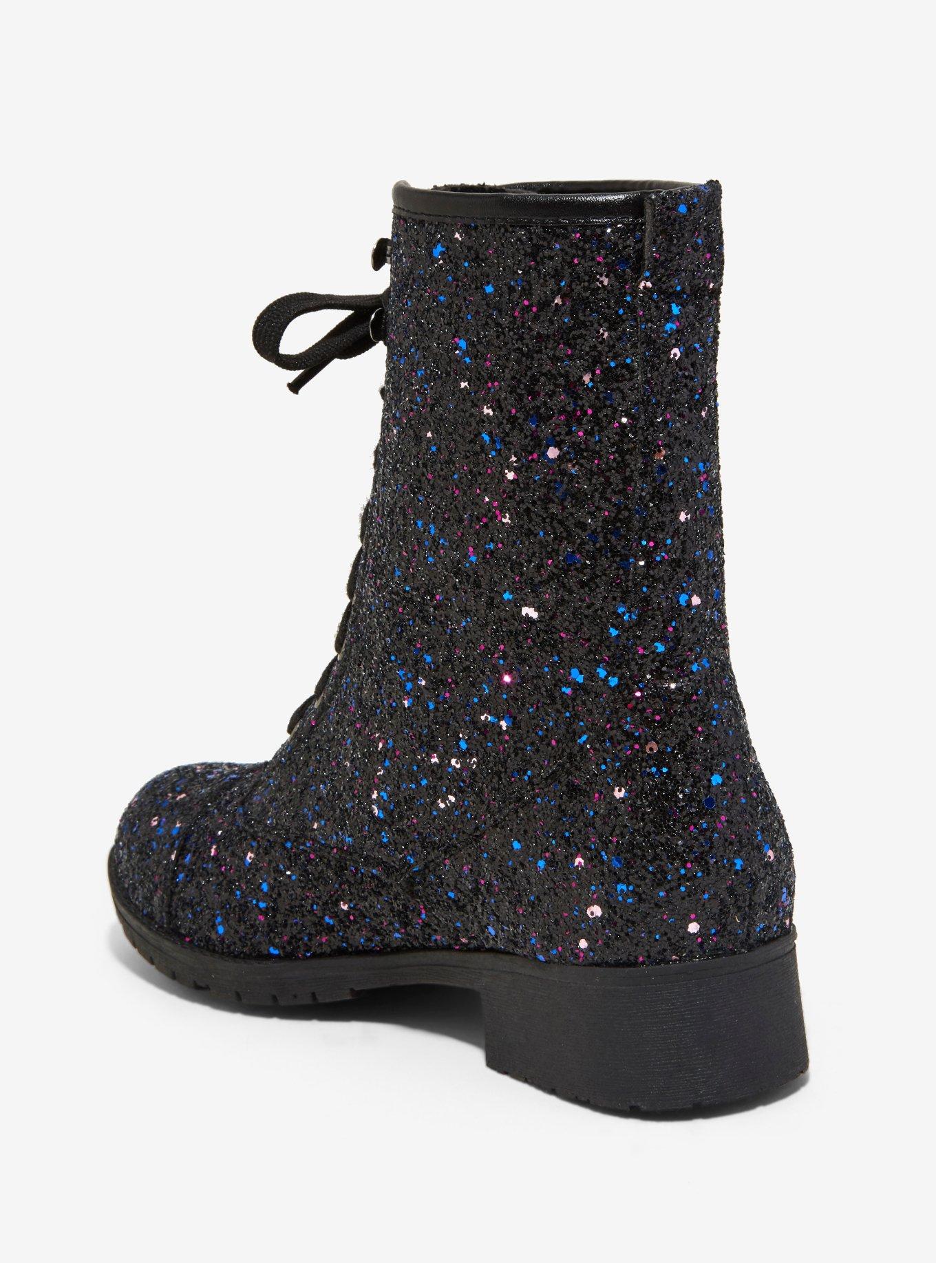 Black & Purple Glitter Combat Boots, , alternate