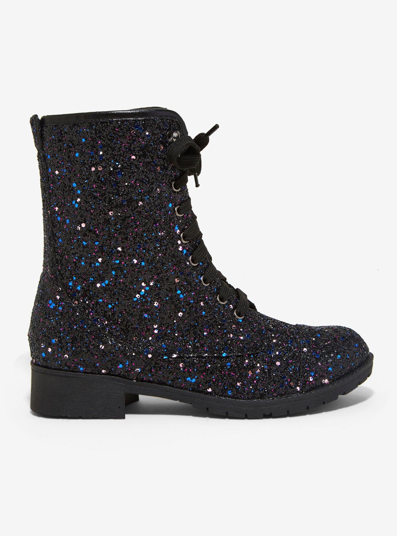 Black & Purple Glitter Combat Boots, , alternate