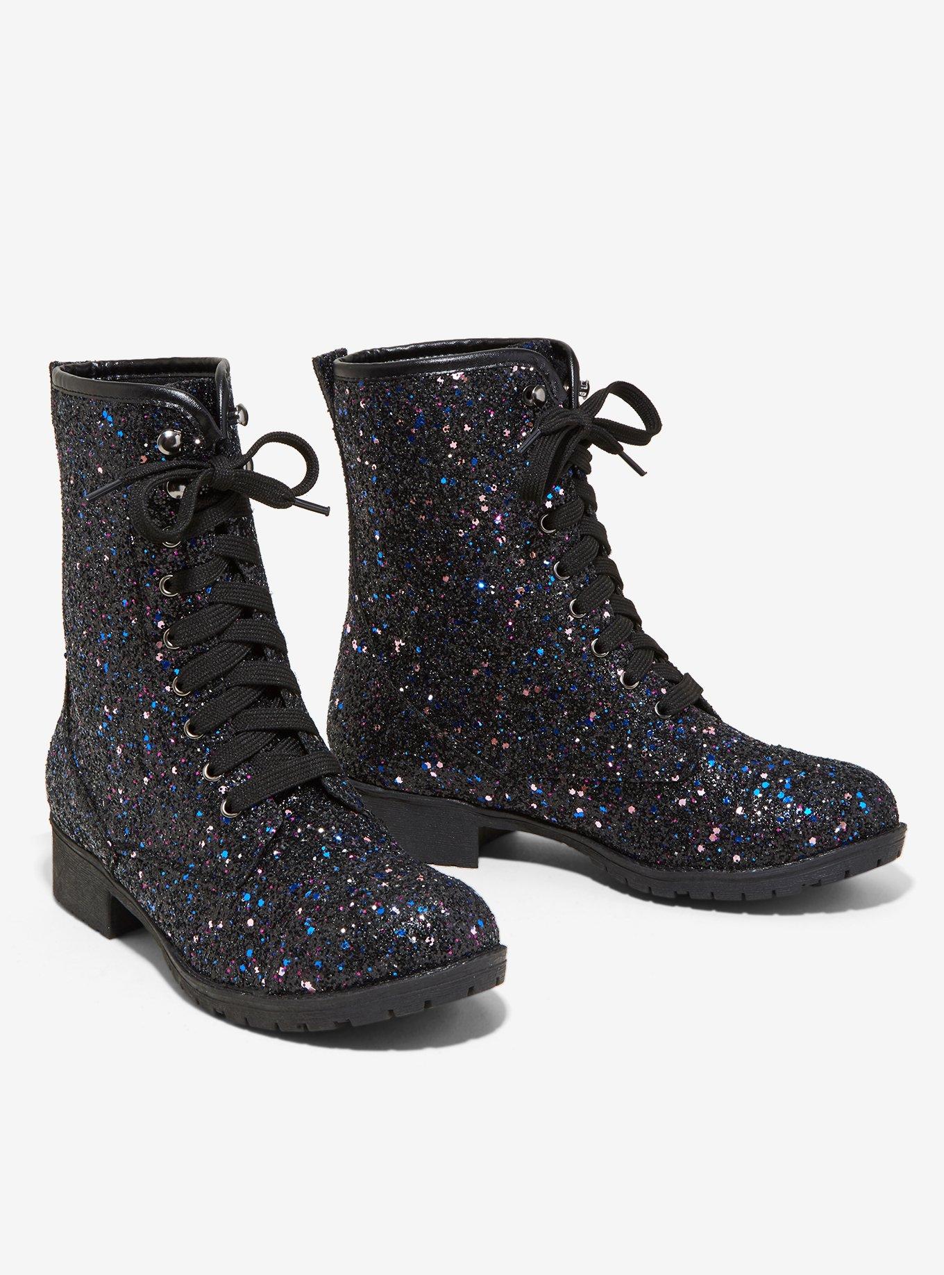 Black & Purple Glitter Combat Boots, , alternate