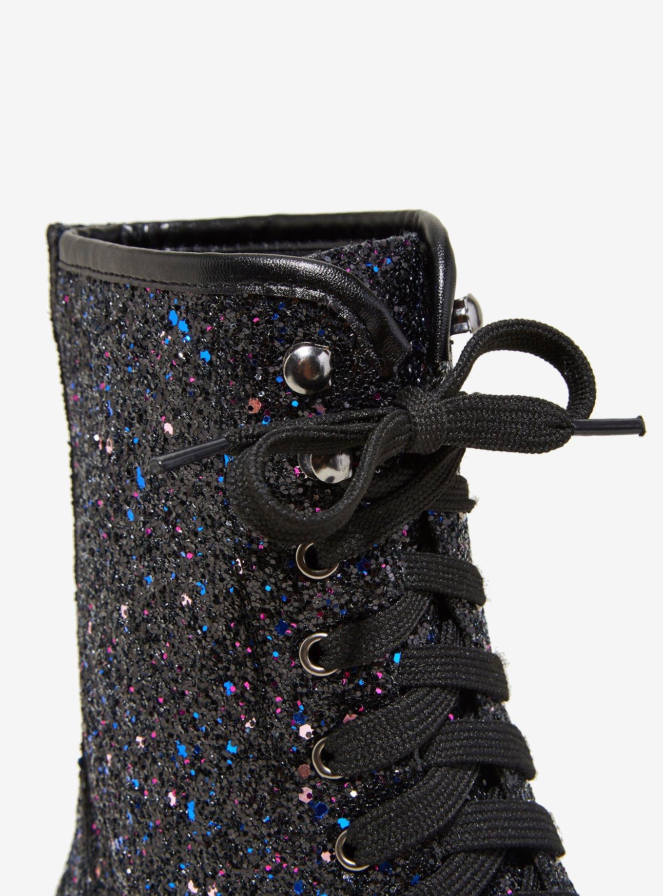 Black & Purple Glitter Combat Boots, , alternate