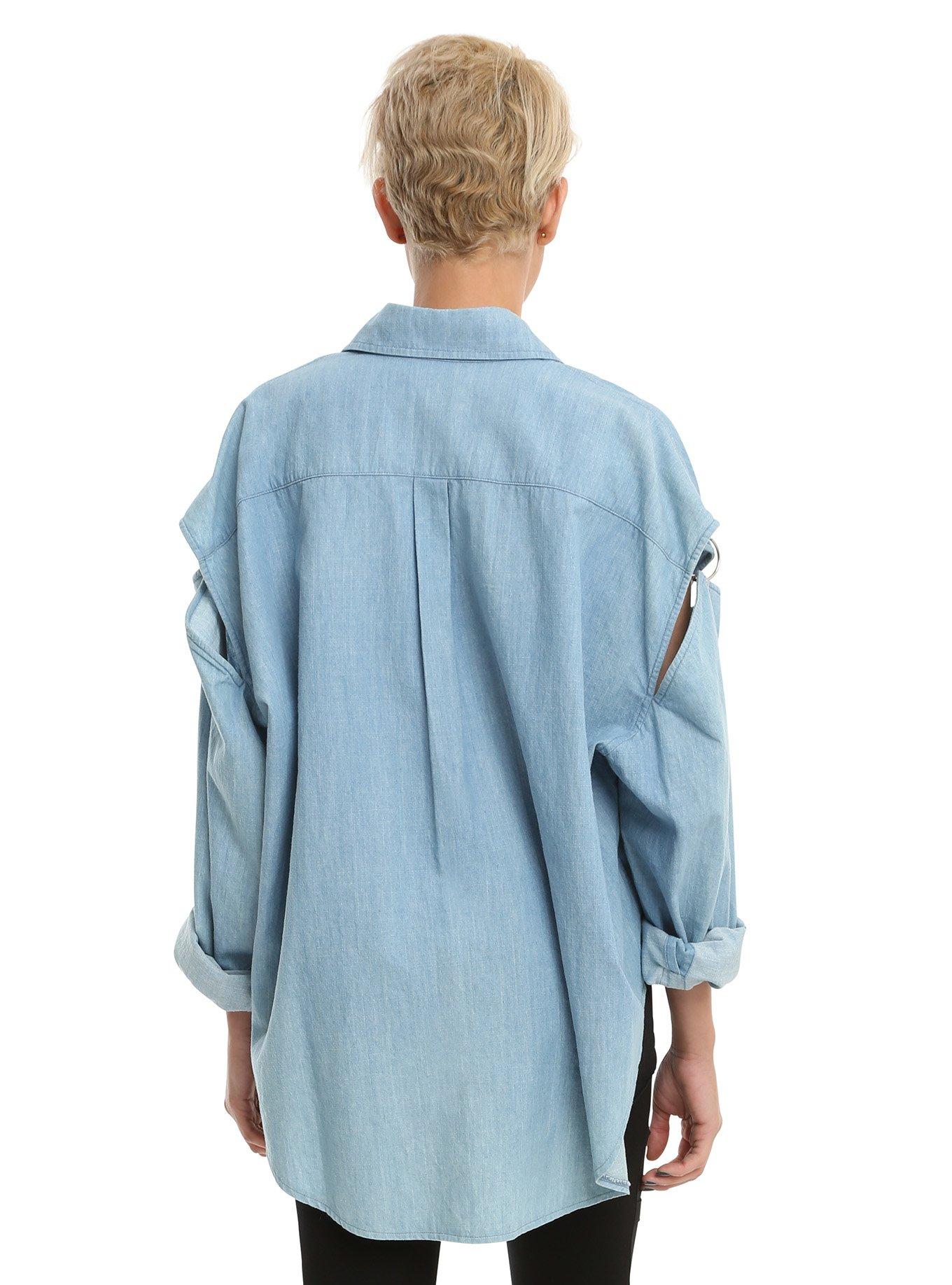 Chambray Slit Sleeve Girls Button-Up Top, , alternate