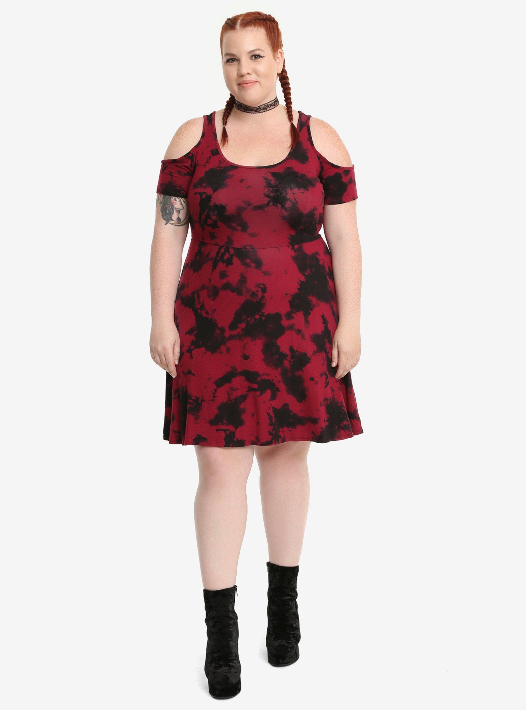 Red & Black Tie-Dye Cold Shoulder Dress Plus Size, , alternate