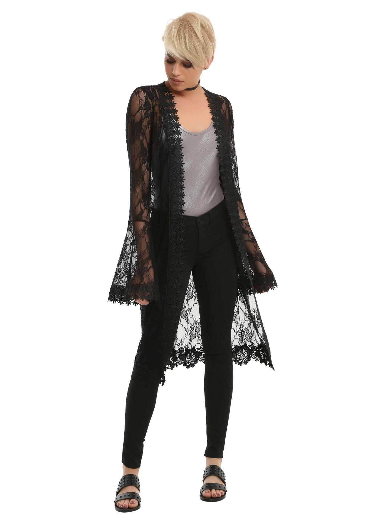 Black Lace Long Kimono, , alternate