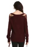 Burgundy Cold Shoulder Lace-Up Sleeve Girls Deep V-Neck Sweater, , alternate