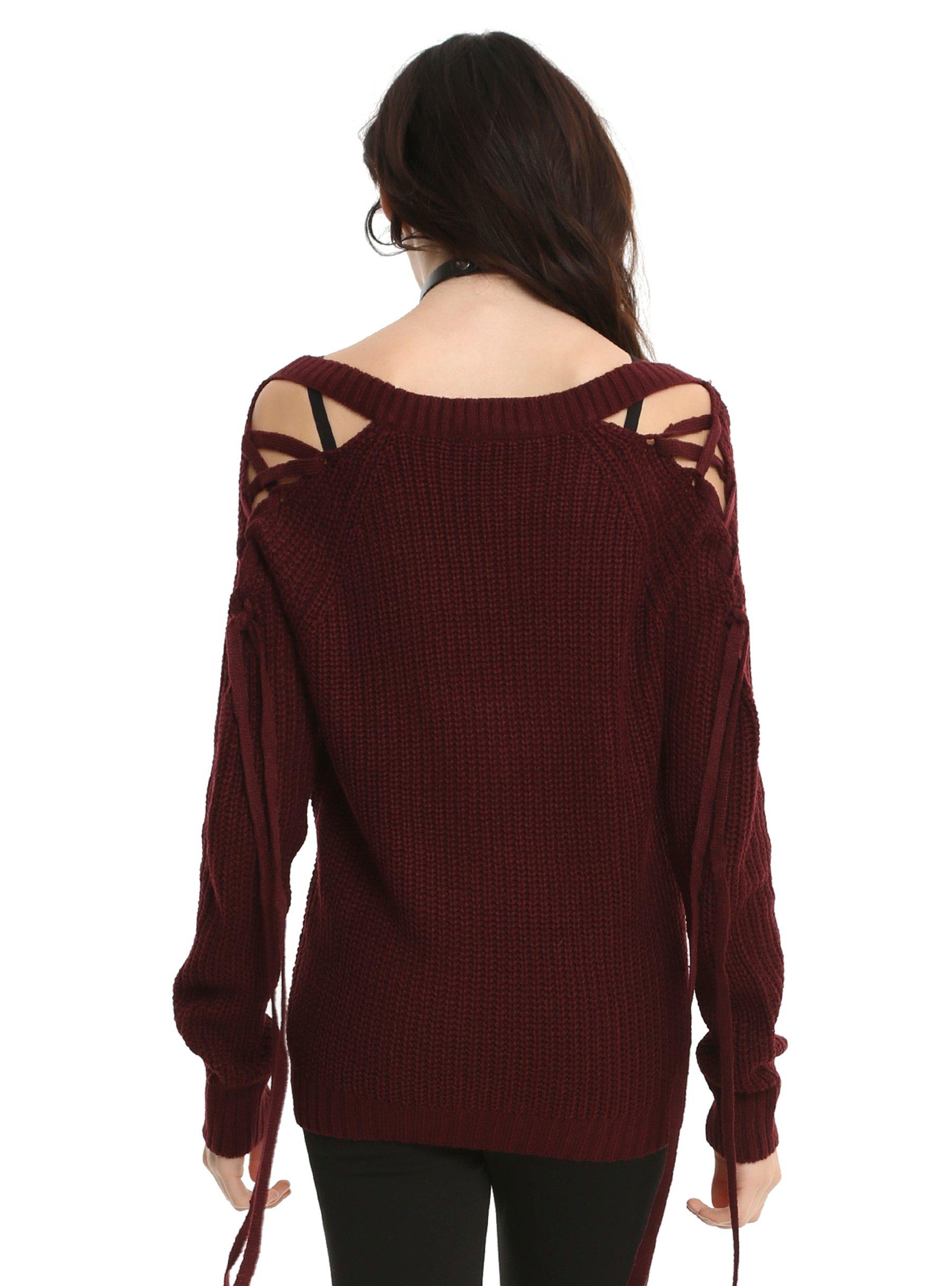 Burgundy Cold Shoulder Lace-Up Sleeve Girls Deep V-Neck Sweater, , alternate