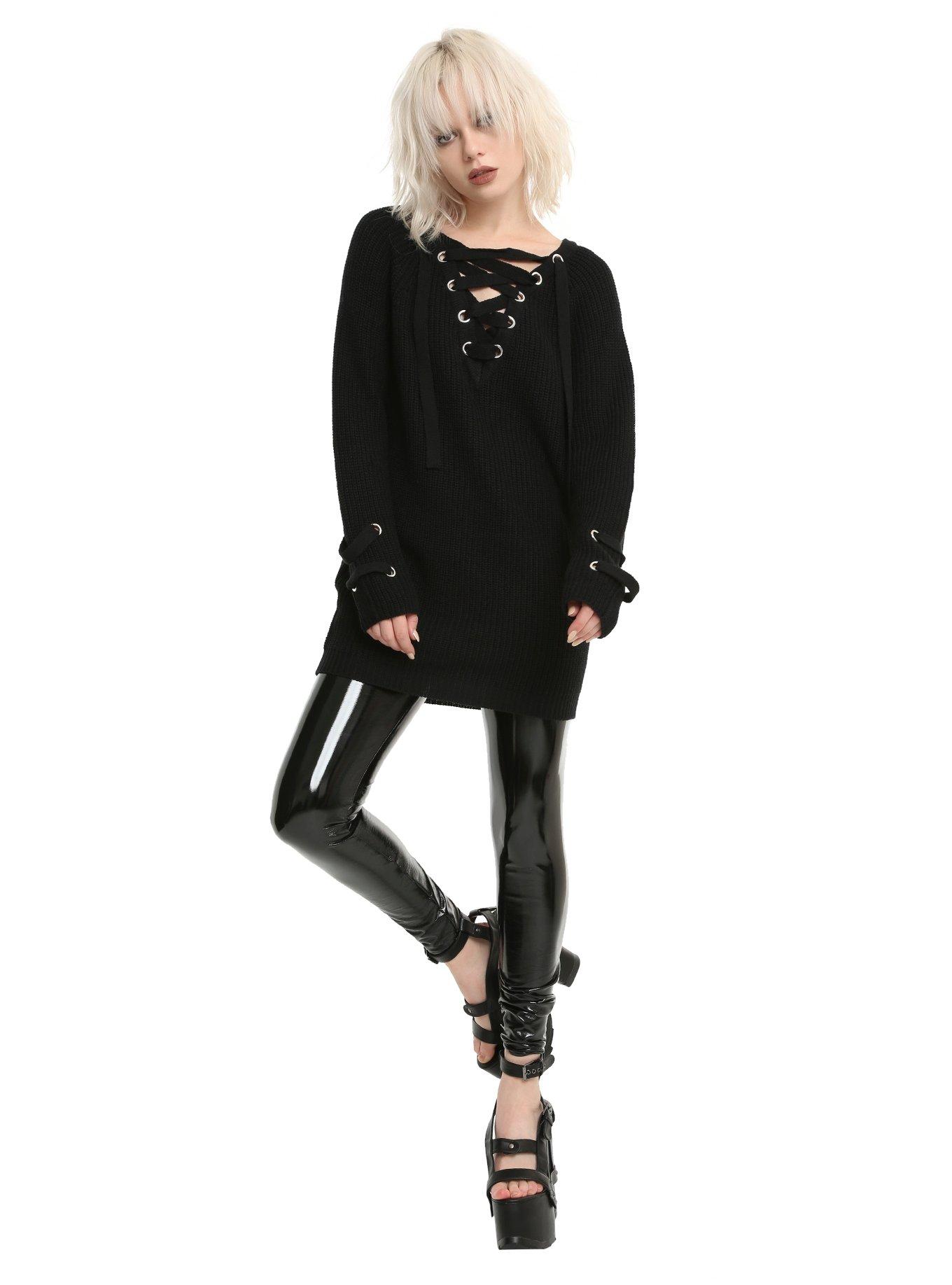 Black Lace-Up Heavy Knit Girls Tunic Sweater, , alternate