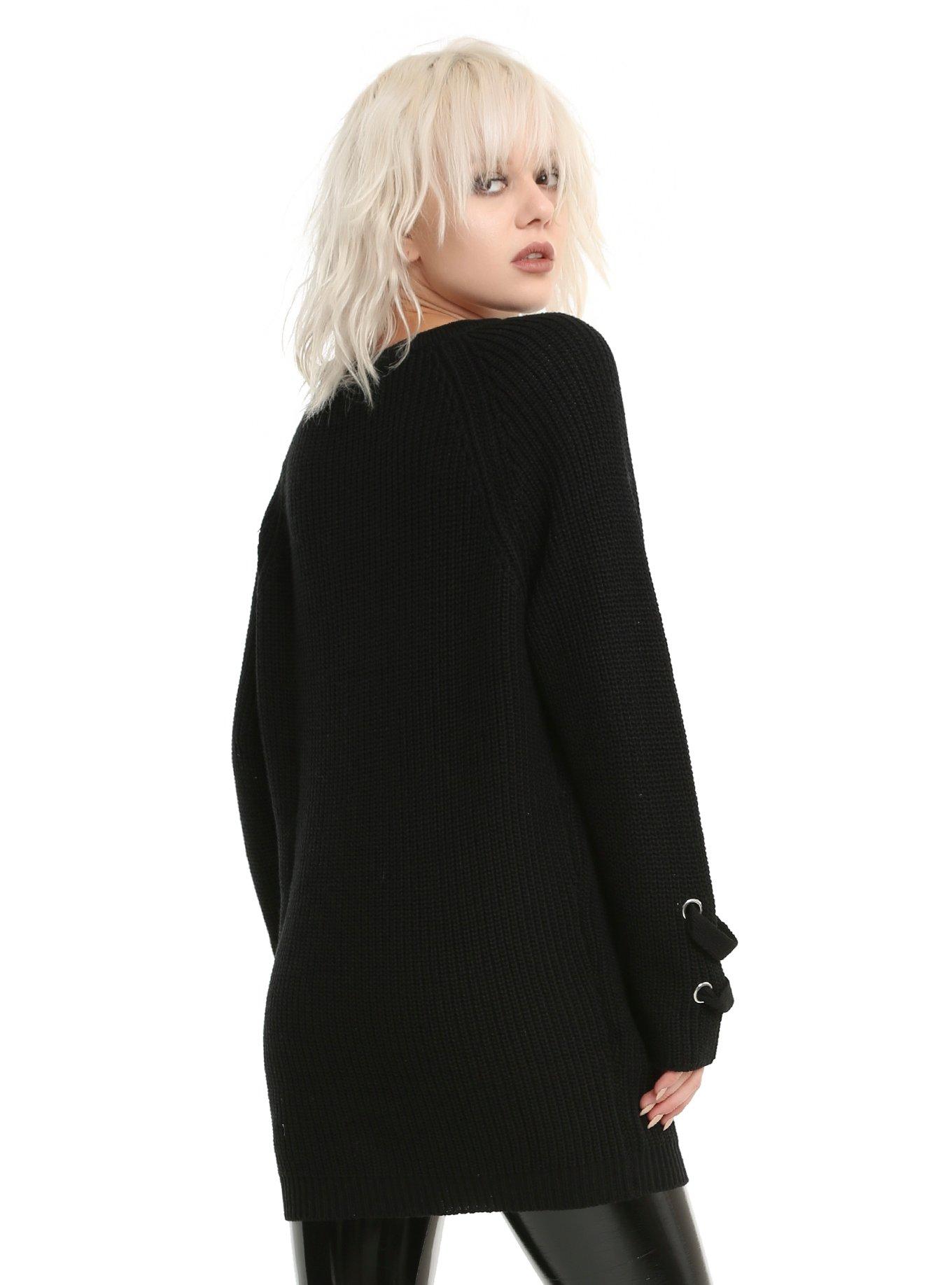 Black Lace-Up Heavy Knit Girls Tunic Sweater, , alternate